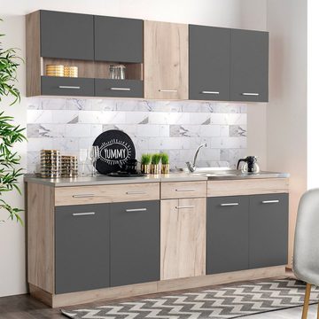 Homestyle4u Küchenzeile 200 cm ohne Geräte Grau matt Eiche Singleküche Küchenschränke Glas