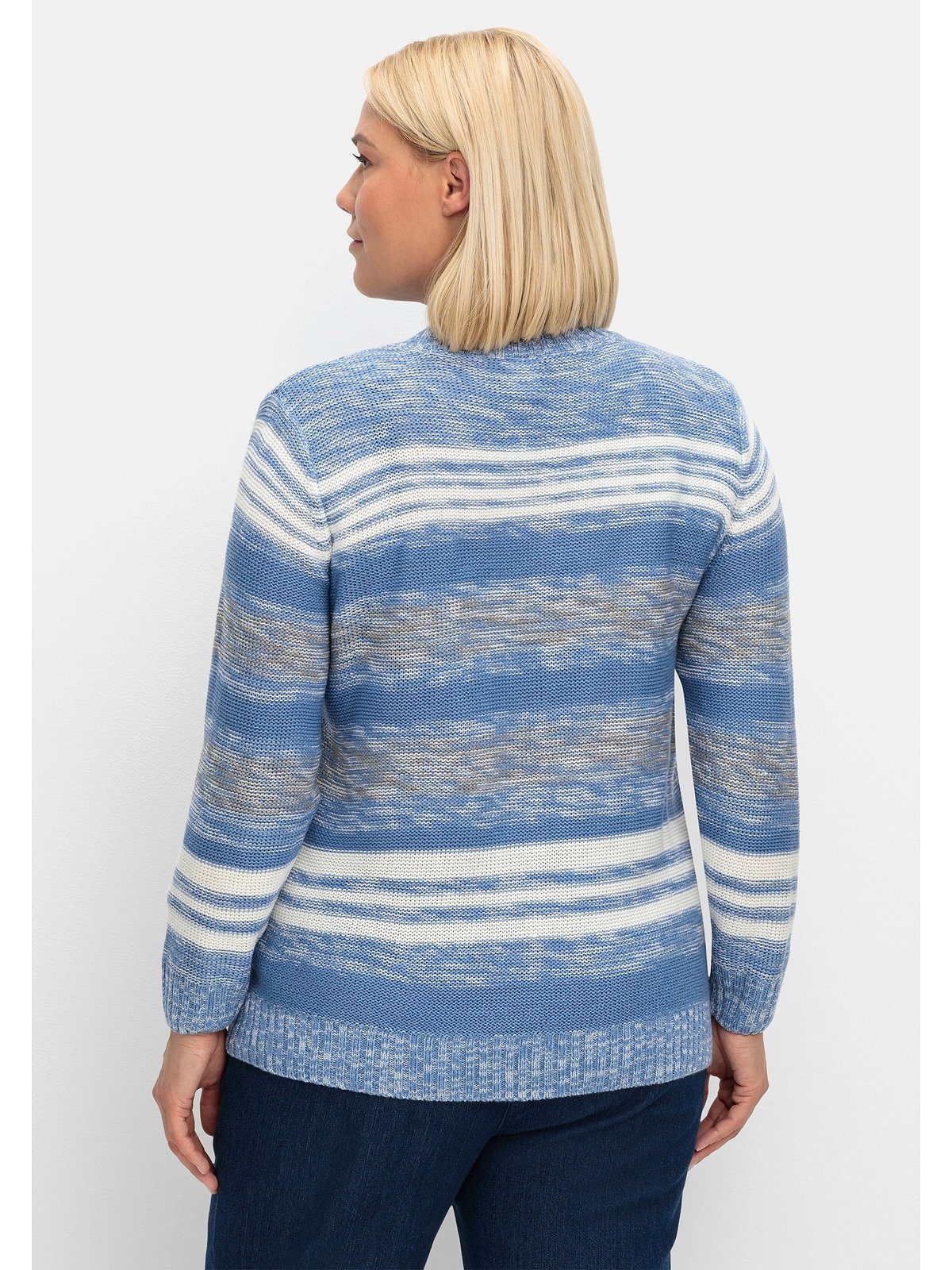 Größen meliert Strickpullover blau und Große mit Sheego Blockstreifen Stehkragen