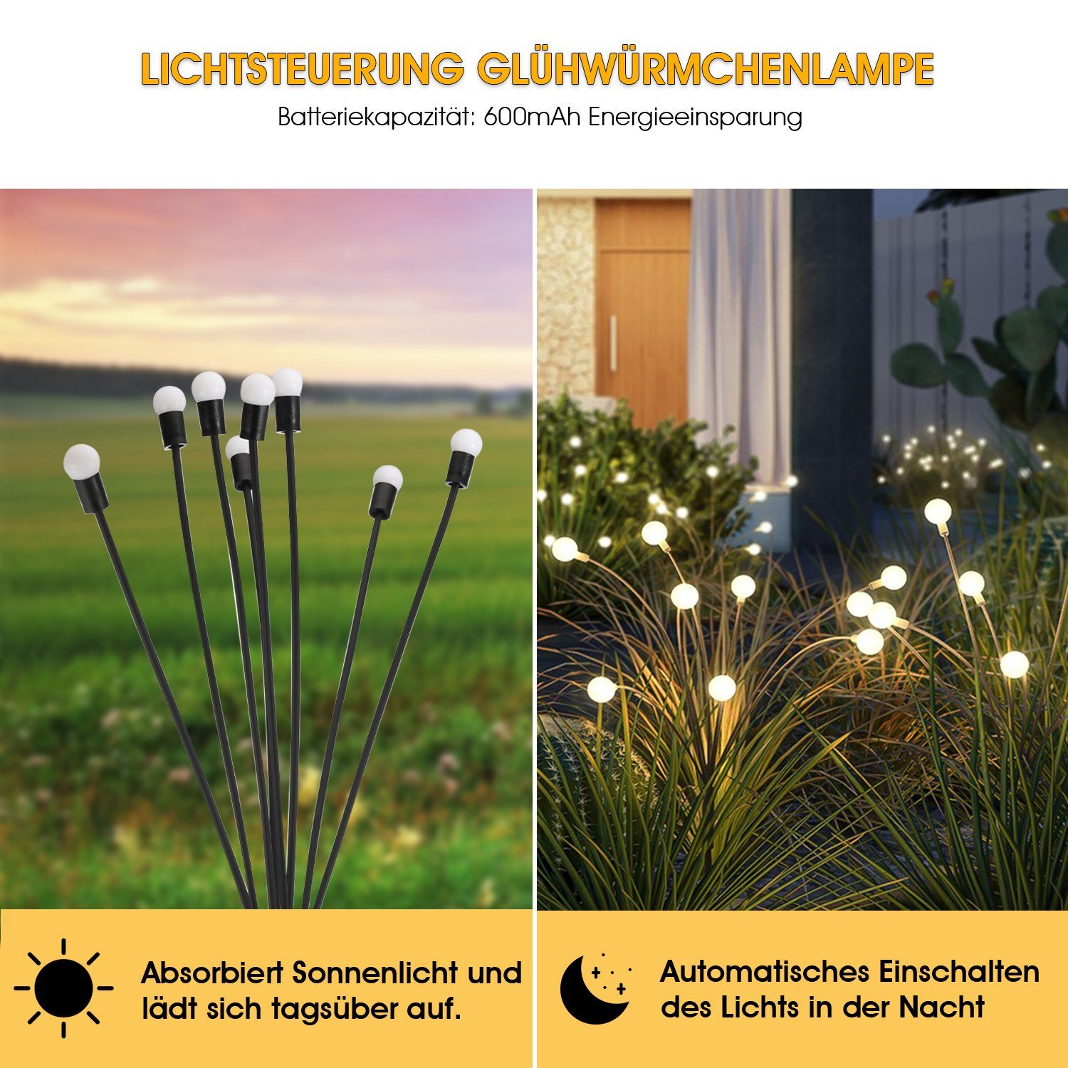 LETGOSPT LED Glühwürmchen LED Garten, integriert, Wasserdicht 8 LED für IP65 1/2/4er für Garten, Solarleuchten Stück Solarlampen Warmweiß, 1 -Pack Leuchte, fest Außen Glühwürmchen Solarleuchte