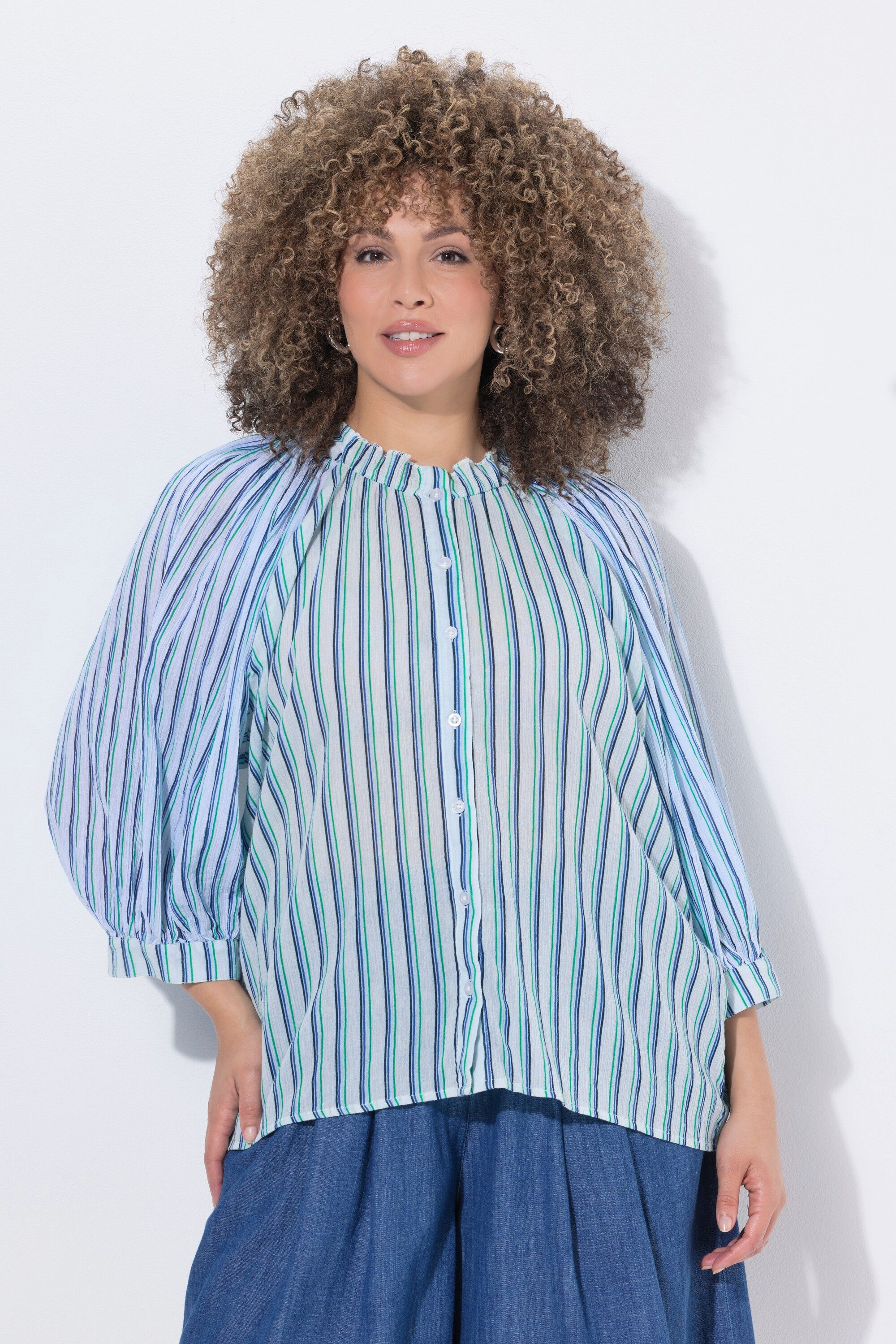 Ulla Popken Tunika Bluse Streifen Oversized Stehkragen-Rüsche 3/4-Arm