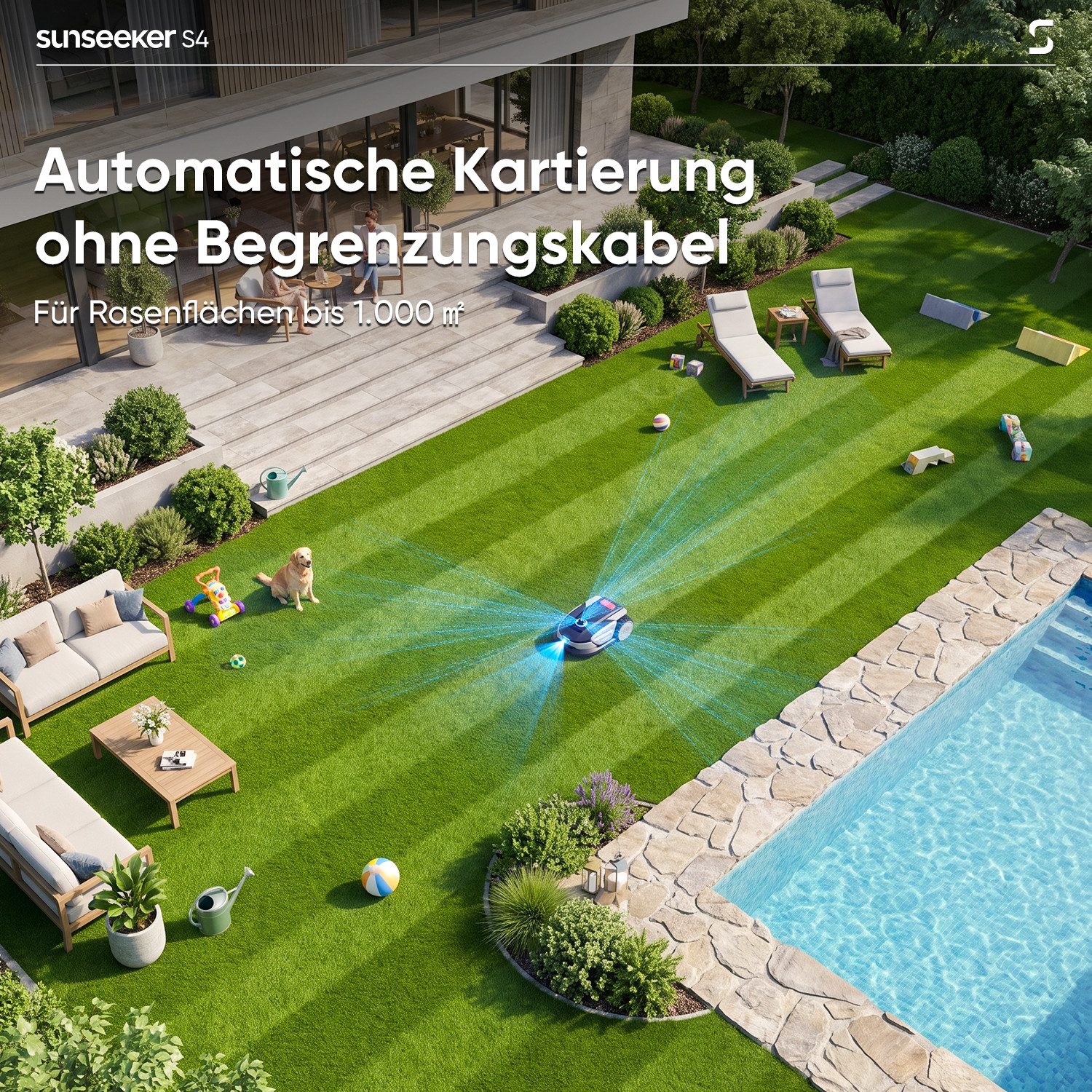 Sunseeker Rasenmähroboter S4, bis 1000 m² Rasenfläche, (Packung), 3D LiDAR + Vision, KI Kartierung, 42% Steigung, App-Steuerung