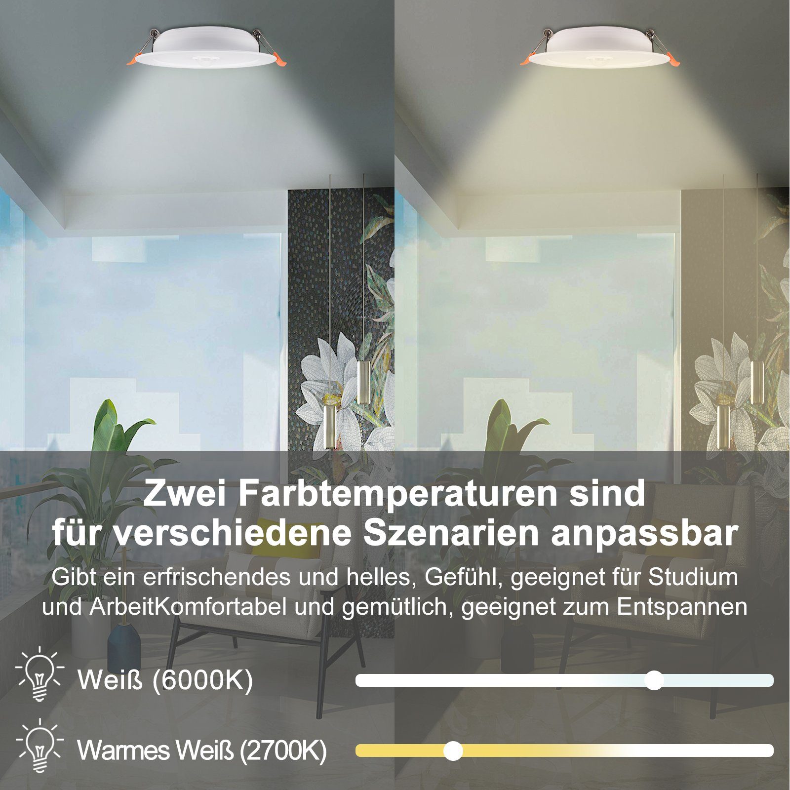 Rosnek LED Einbaustrahler Flure Warmweiß Lagerhallen Wohnräume Deko, 12W, für Balkone Reinweiß, Sensor-Induktion