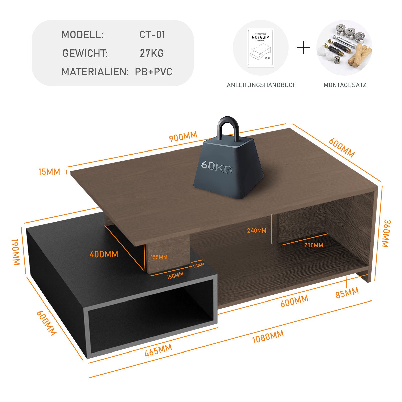 ROYGBIV Couchtisch weiß, Wohnzimmertisch holz modern, günstig online kaufen