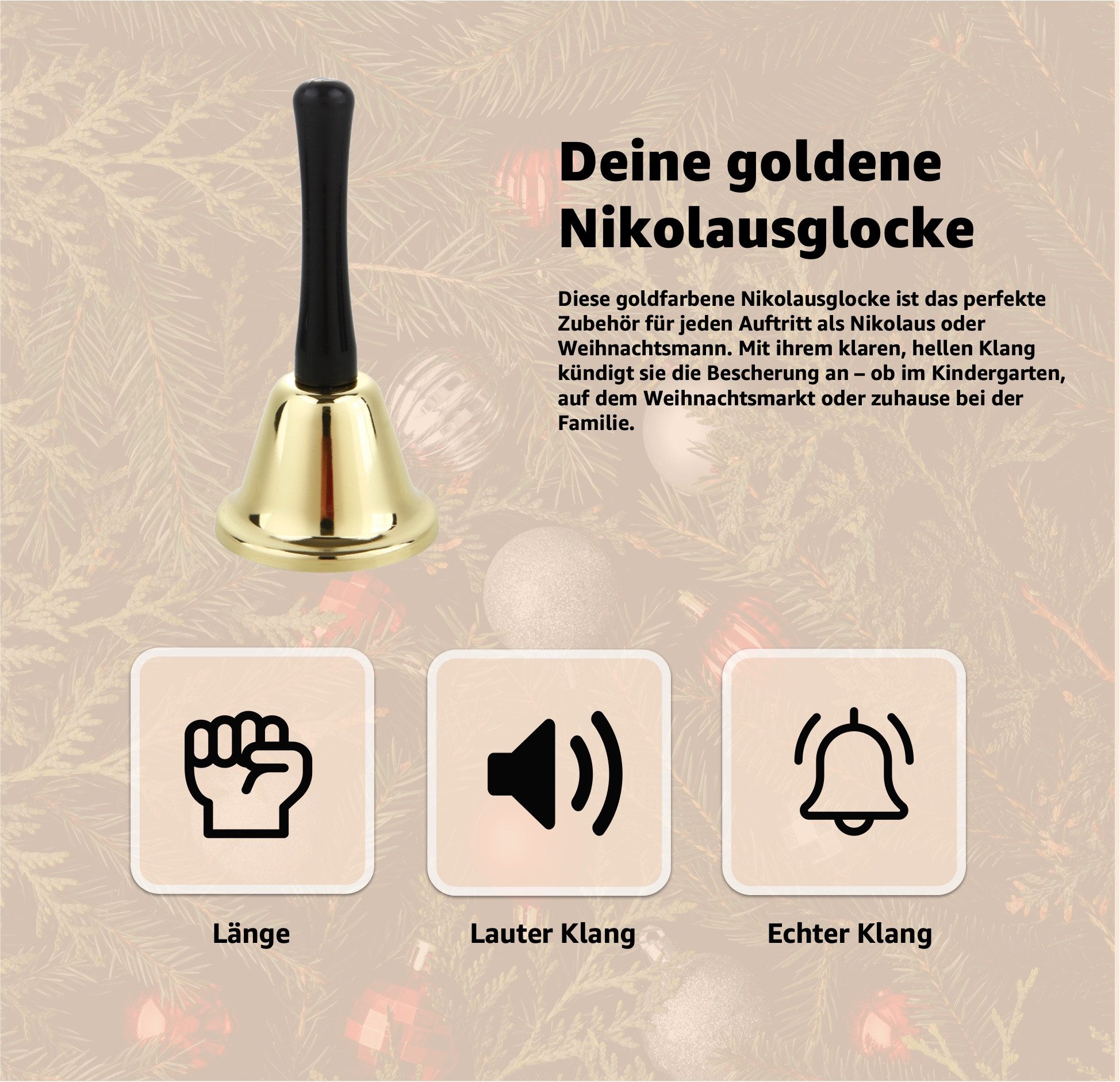 happymas Glocke 1x Glocke Gold als Weihnachtsmann Accessoire - Nikolausglocke,Packung, 1-St.