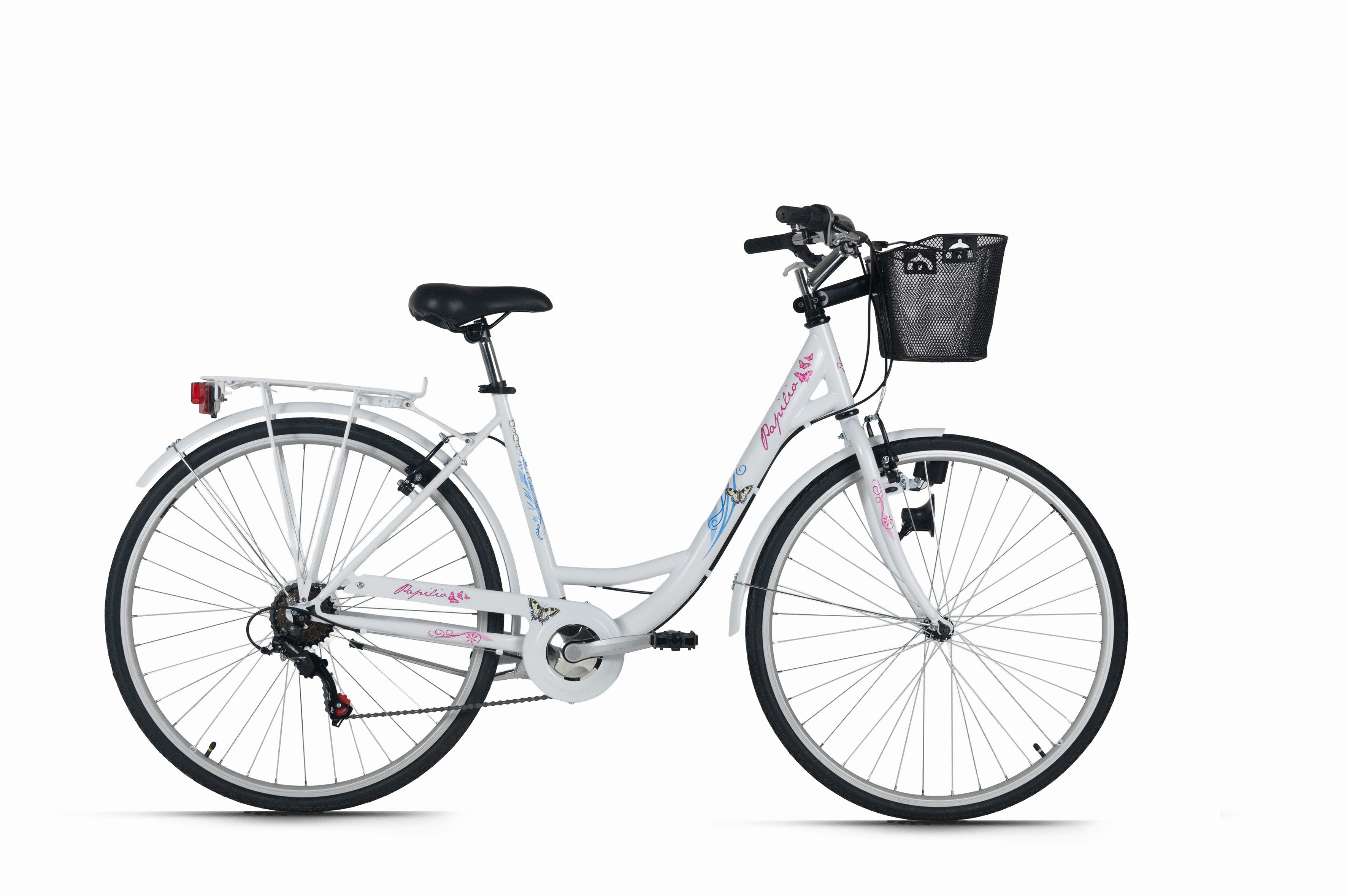 Dacapo Cityrad DaCapo Citybike 28'' Papilio weiß-Pink mit Korb RH 48 cm, 6 Gang Shimano Tourney Schaltwerk, Kettenschaltung