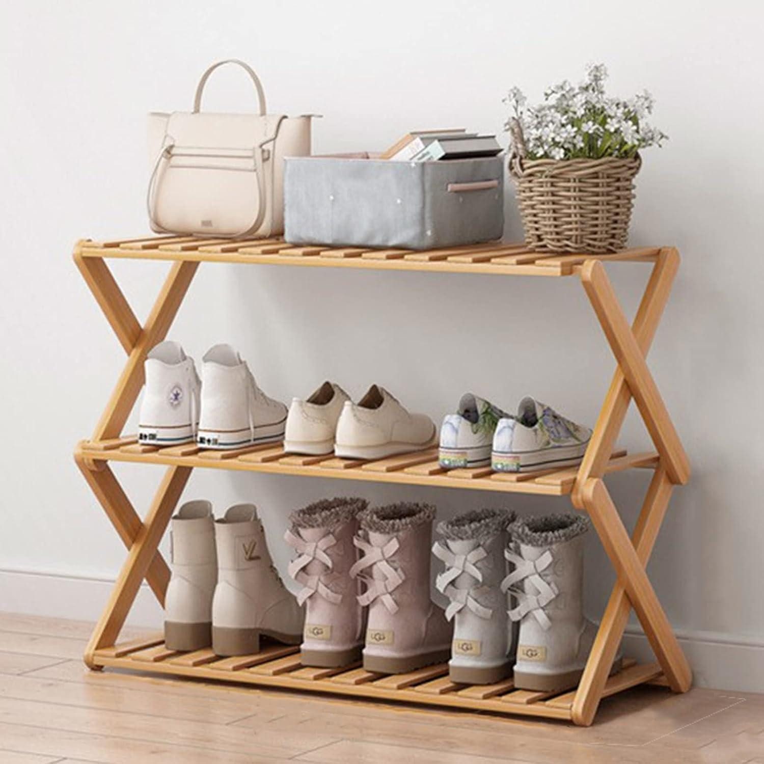 LuxusKollektion Schuhregal Schuhregal Bambus 3 Ebenen faltbar Holzoptik