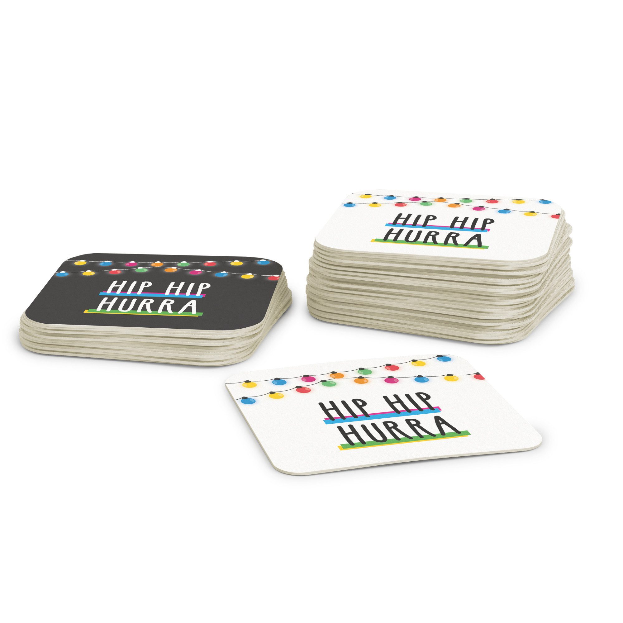 FLYERALARM Bierdeckel Hip Hip Hurra I Schwarz - Weiß I 50 Stück I Rechteckig, Deko Garten Hochzeit Geburtstag Minimalistisch Jubiläum Feier