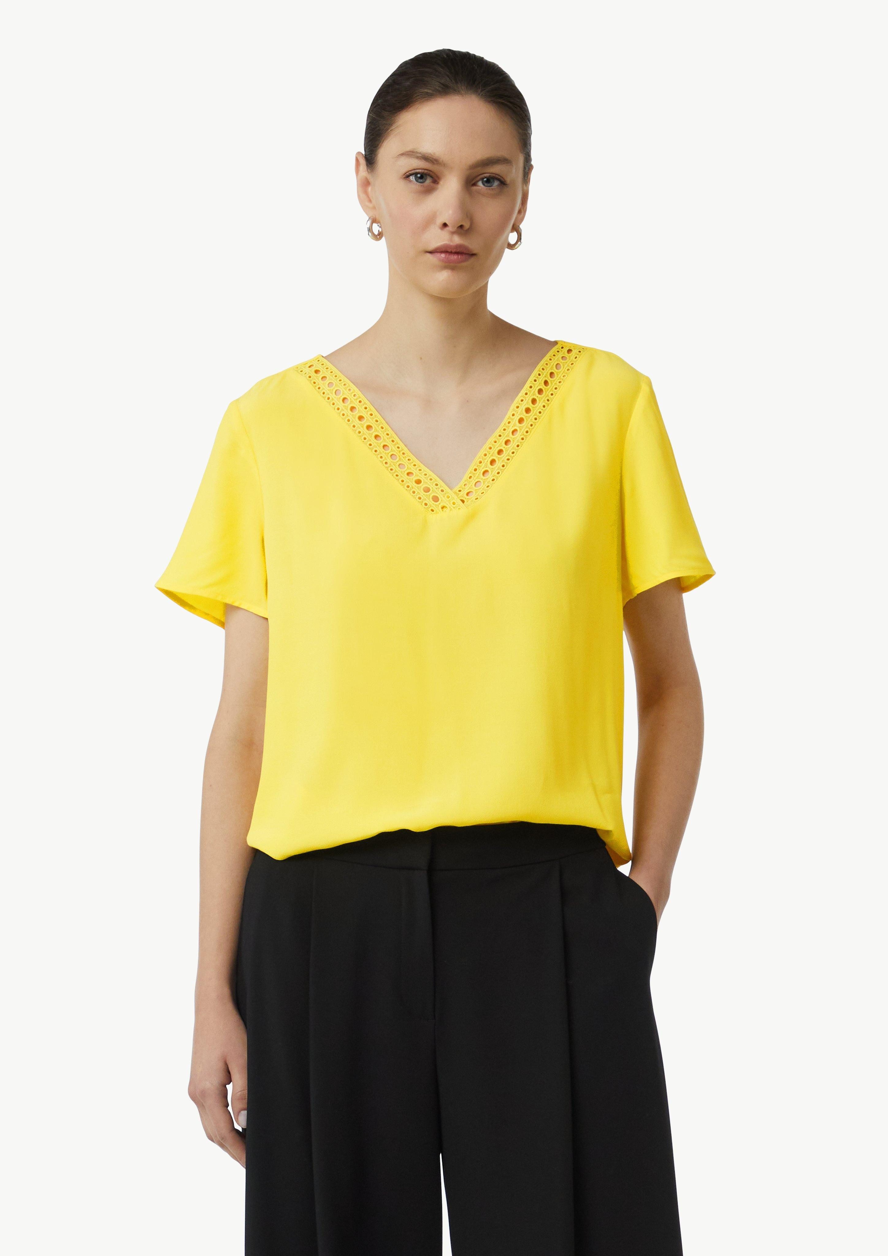 Kurzarmbluse Loose-Fit-Shirt aus Crêpe mit Spitzen-Detail