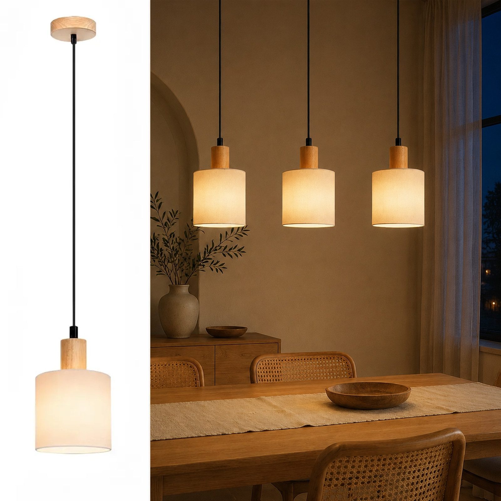 Nettlife Pendelleuchte 1/3/4flammig E14 Holz Stoff Schirm Weiß rustikale Deckenlampe, ohne Leuchtmittel, Küche Wohnzimmer Restaurant Schlafzimmer Flur