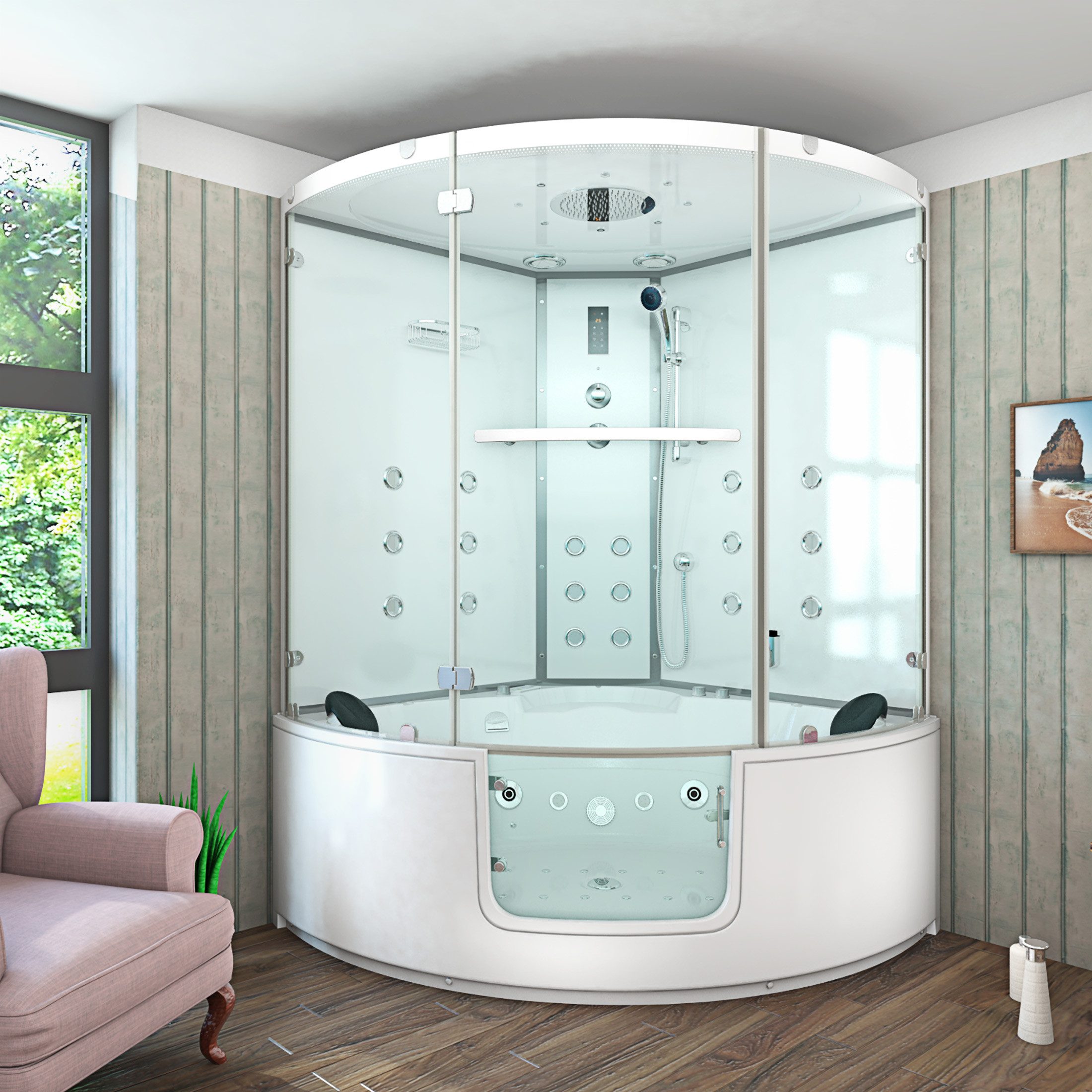 AcquaVapore Grossraumdusche Dampfdusche Whirlpool Duschkabine Pool K60-WS-EH-ALL, Sicherheitsglas ESG, Eingebaute Lautsprecher, Gehärtetes Glas, Integrierte Massagedüsen, Li