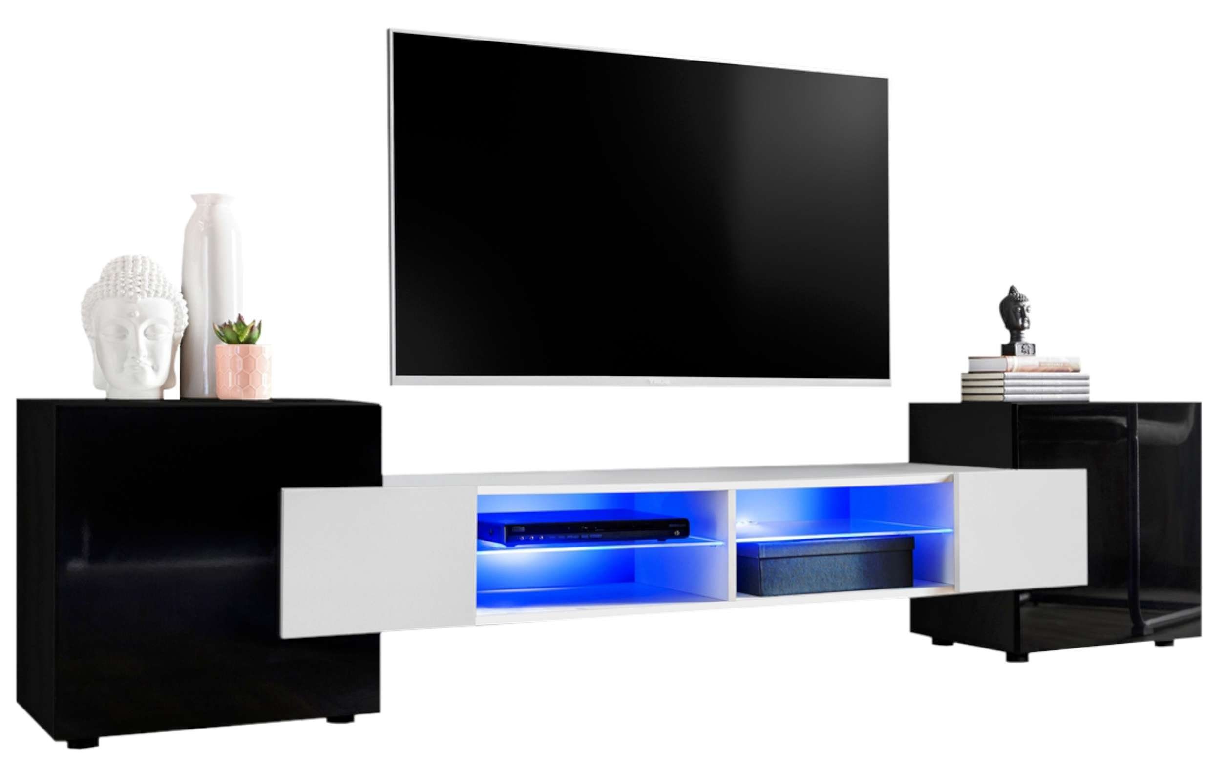 99rooms Lowboard Seoul I (TV-Kommode, TV-Schrank, Fernsehschrank), wahlweise mit LED-Beleuchtung, Hochglanzfront, Glaseinlegeböden, Modern Design, aus Holzwerkstoff, viel Stauraum, variabel stellbar