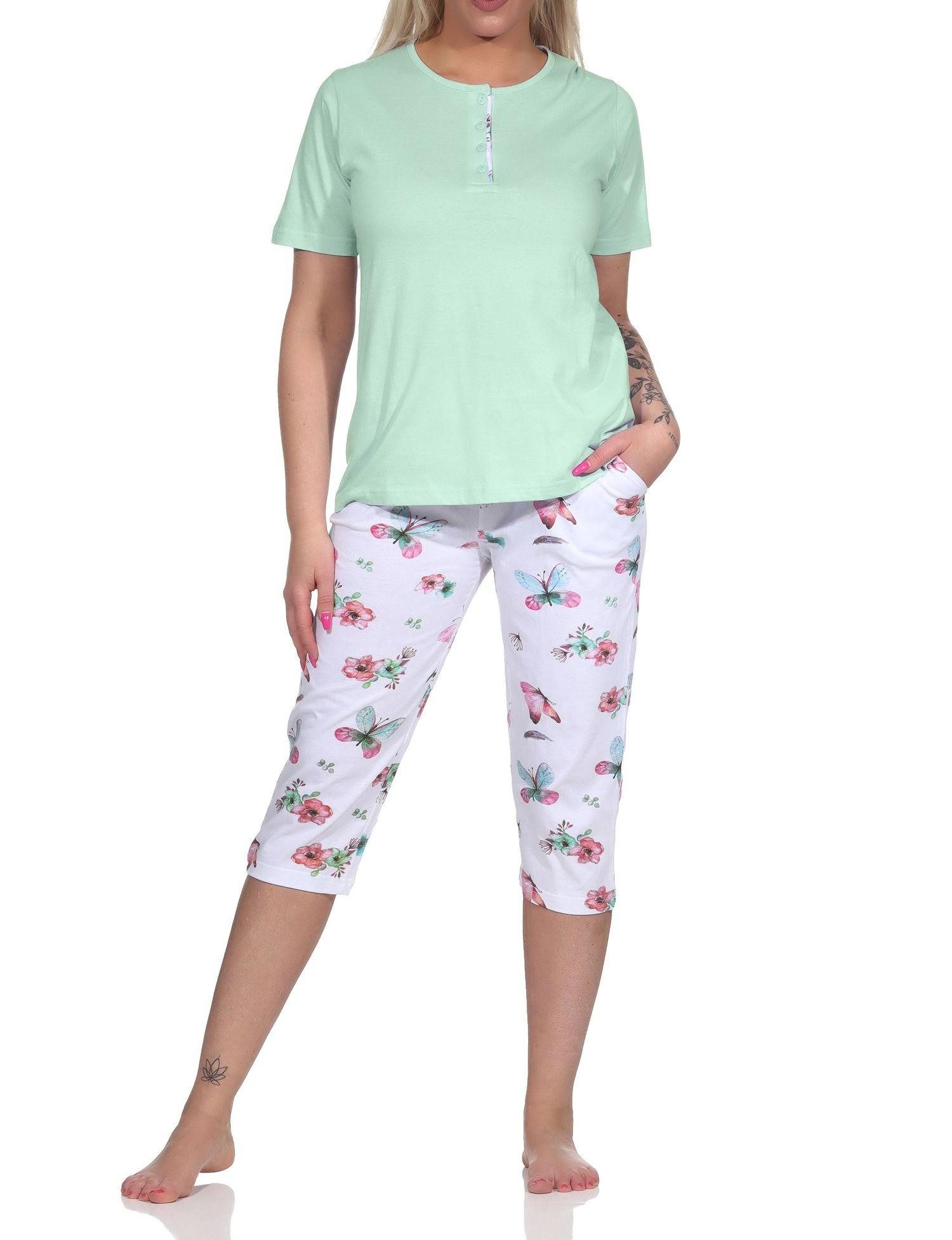 Pyjama Damen Schlafanzug kurzarm mit Capri-Hose in floralem Print