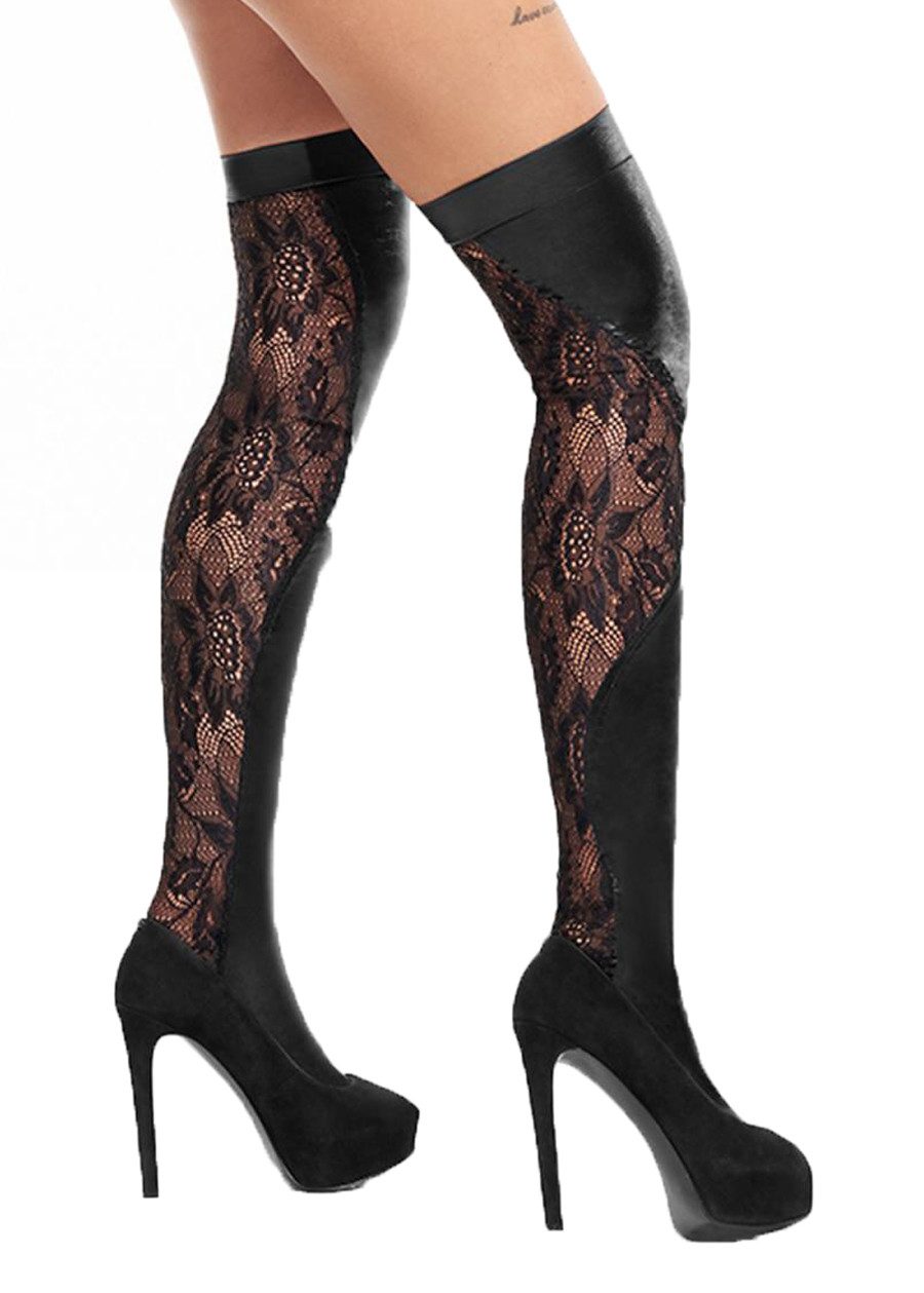 Halterlose Strümpfe Damen Dessous Strümpfe schwarz Spitze und wetlook Material Stockings