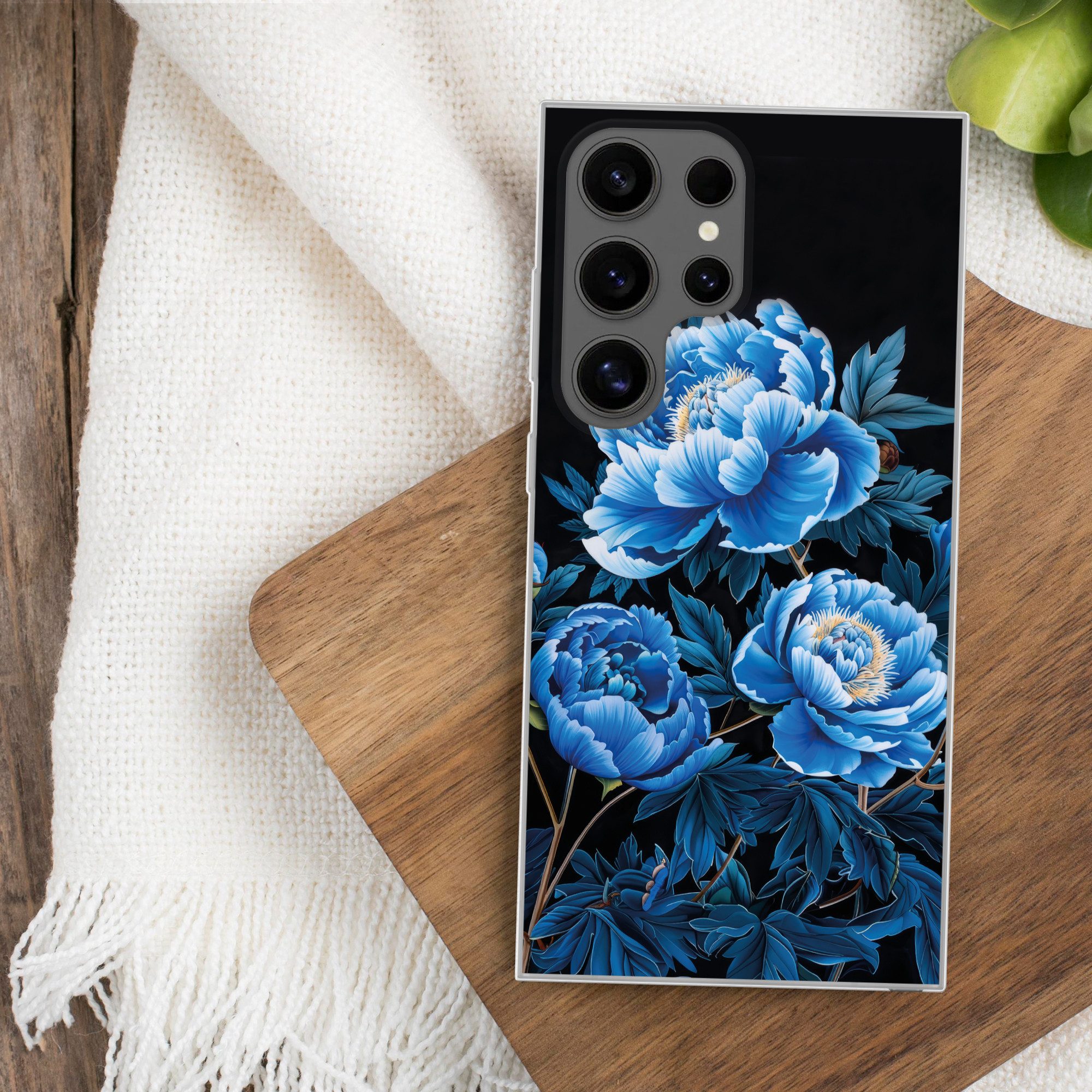 MuchoWow Handyhülle für Samsung Galaxy S24 Ultra Blumen - Schwarz - Blau - Modern, Phone Case, Silikon, Schutzhülle Dünn