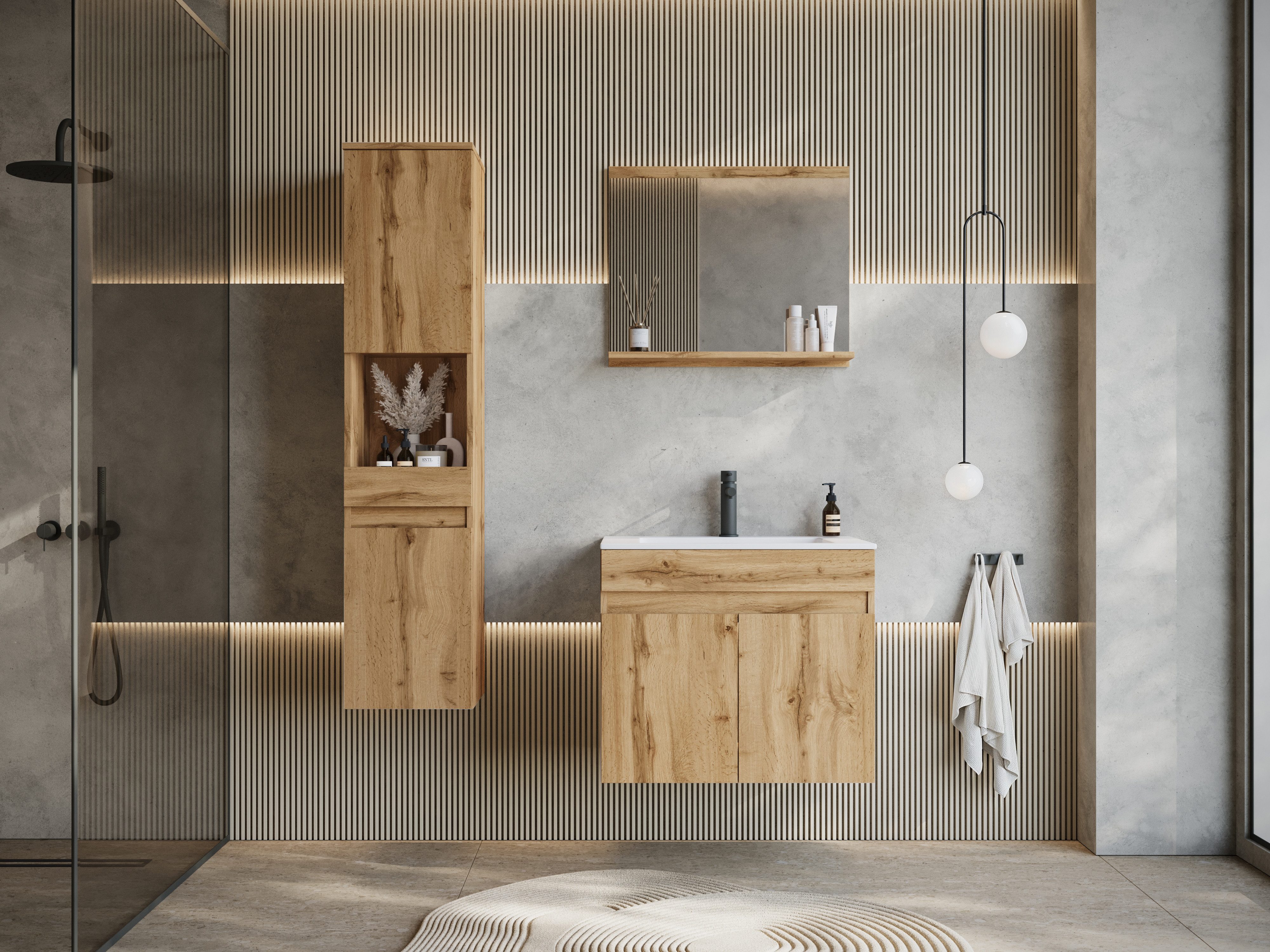 welltime Badmöbel-Set COIN, (Set, 3-St), grifflose Badmöbel-Set, 3 Dekorplatten in verschiedenen Farben