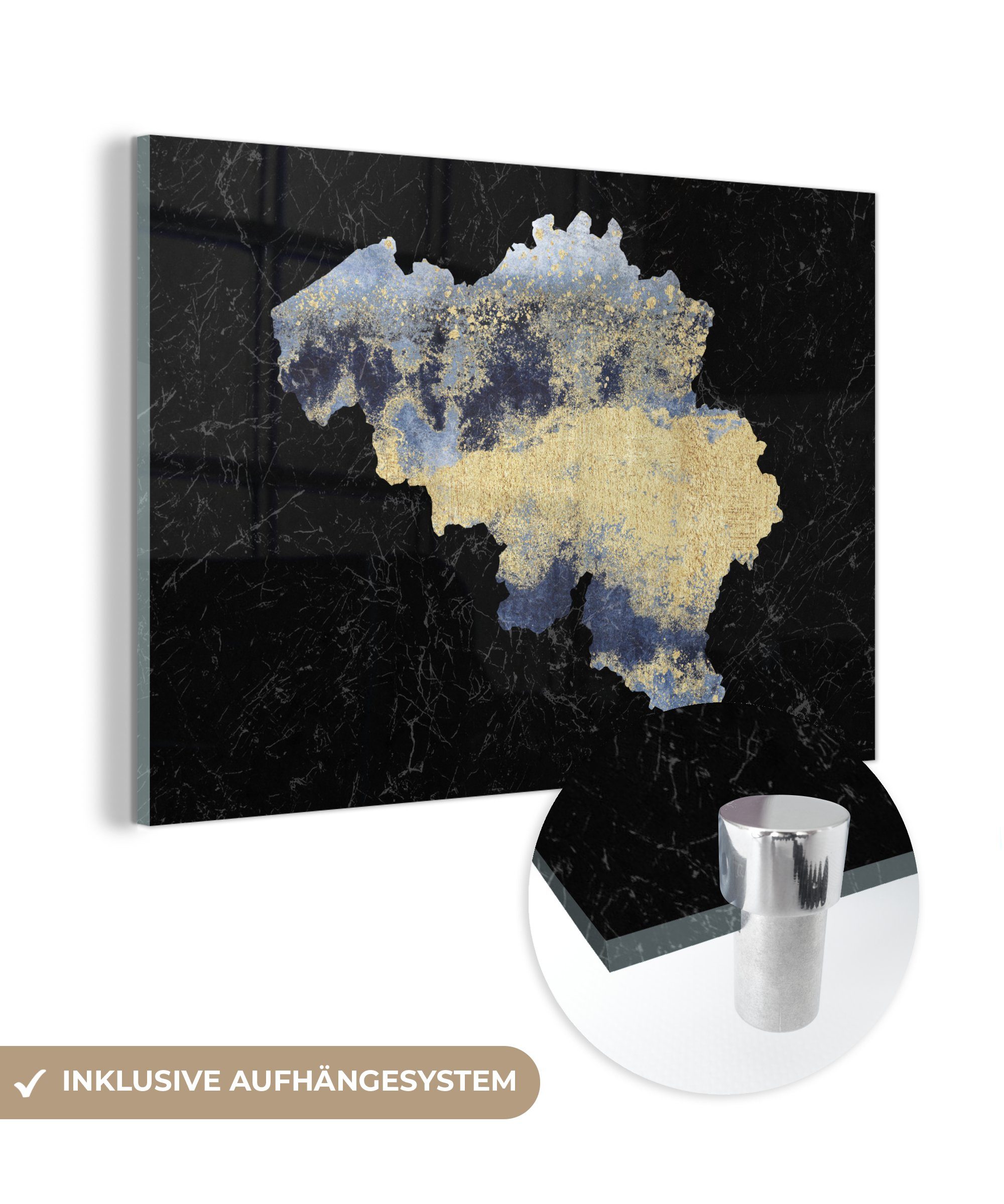 MuchoWow Acrylglasbild Karte - Belgien - Delfter Blau, (1 St), Acrylglasbilder Wohnzimmer & Schlafzimmer