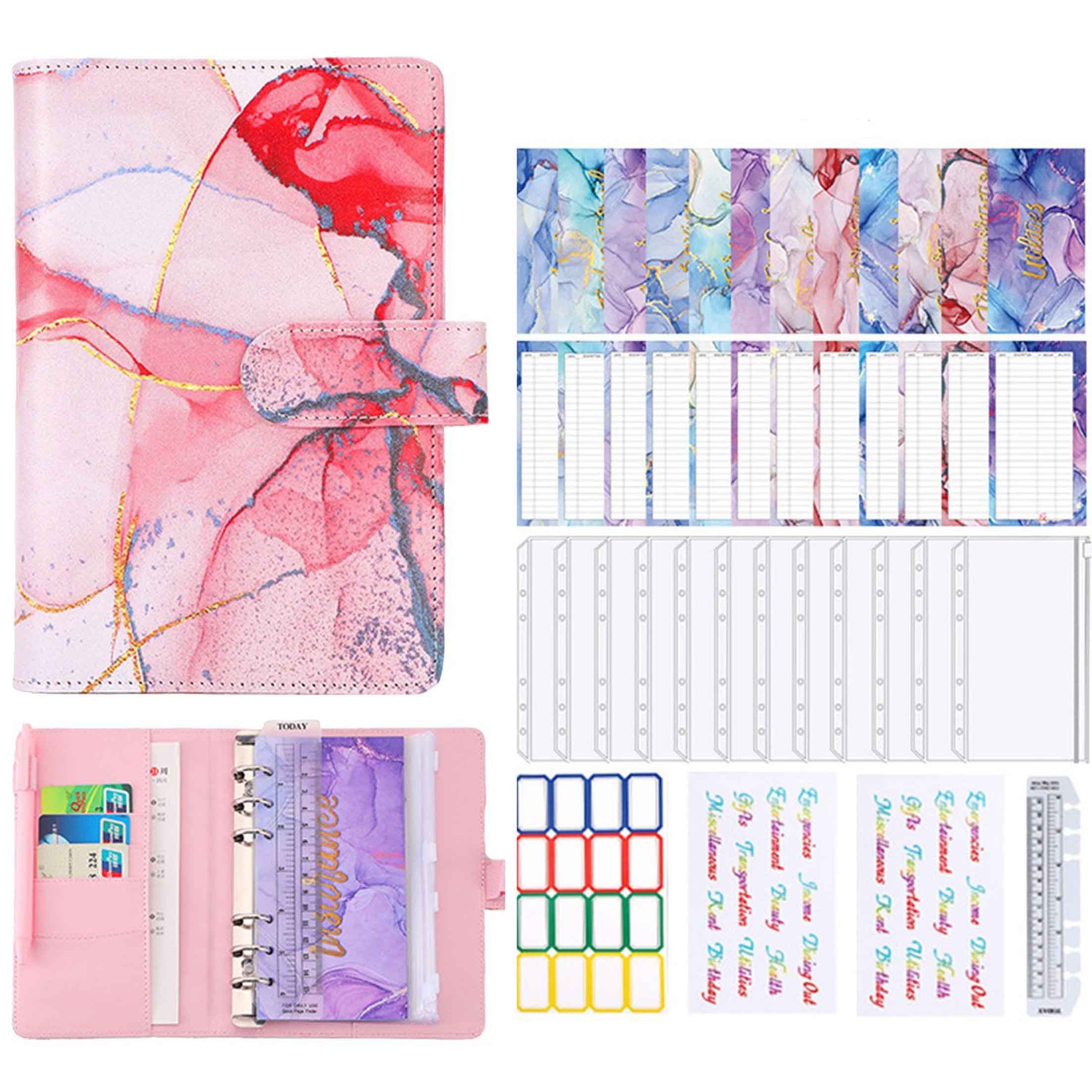 KINSI Ringbuchmappe Marmoriertes Notizbuch, 6-Loch-Loseblatt, A6-Budget-Notizbuch (Set), Reisetagebuch mit Magnetknopf und Stifthalter