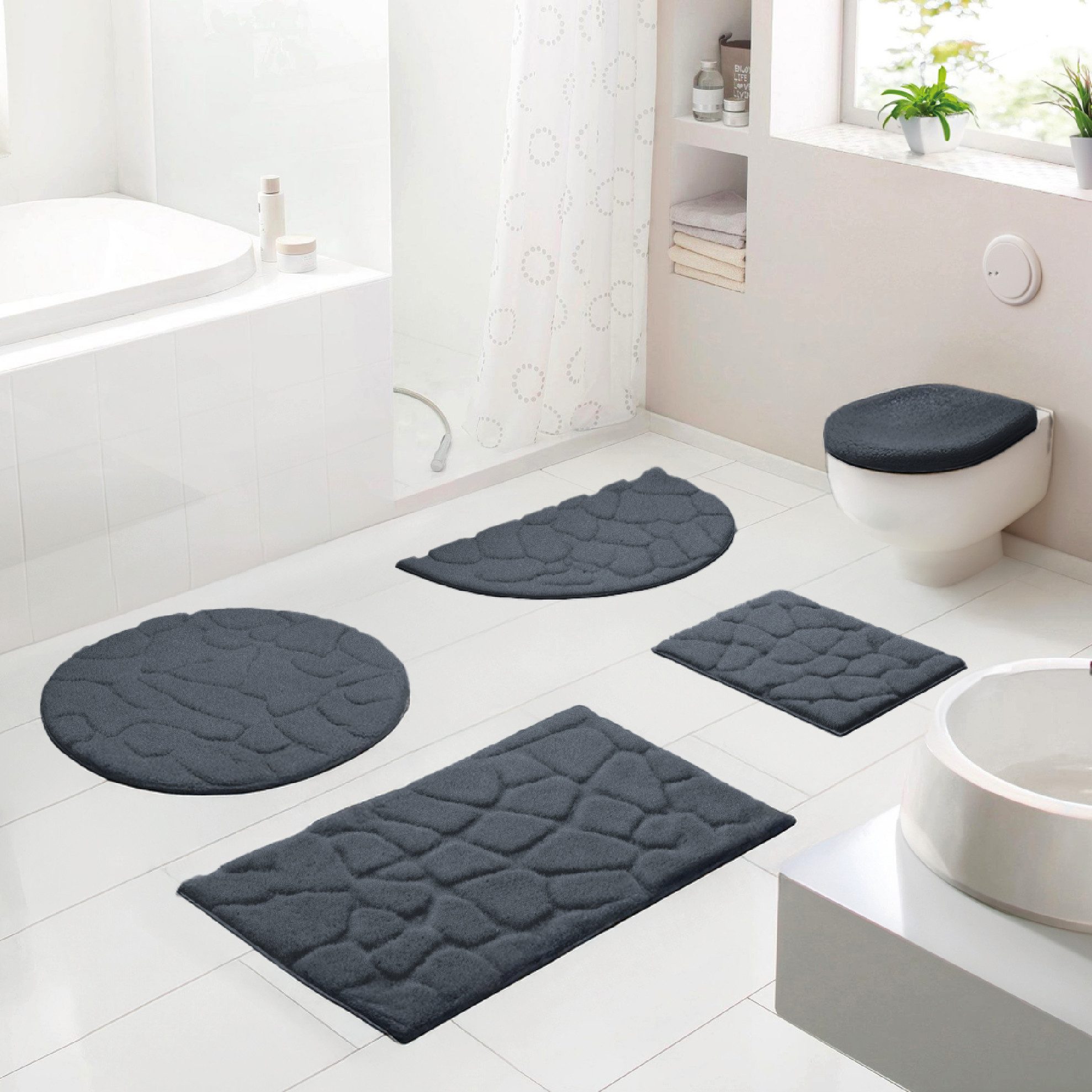 Grund Badematte Ashtar, Badvorleger, Badezimmer Teppich, 3D-Design, Höhe 20 mm, rutschhemmend beschichtet, schnell trocknend, Polyester, rechteckig, 3-tlg. Hänge-WC Set, Hoch-Tief-Design mit organischer Steinoptik, Made in Europe