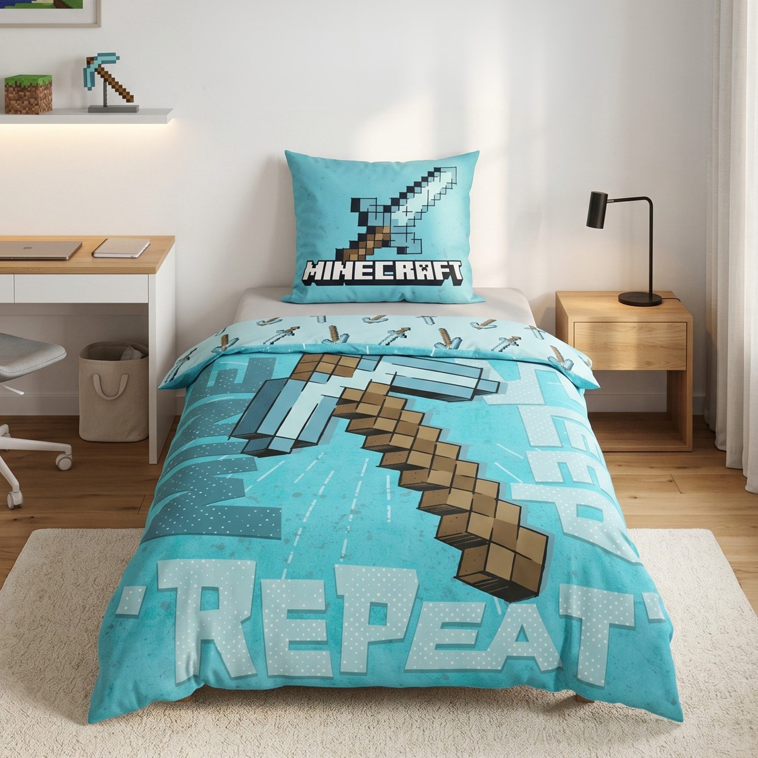 MTOnlinehandel Kinderbettwäsche Minecraft Repeat 135x200 + 80x80 cm, Wende-Motiv, 100% Polyester, 2 teilig, Schwert & Spitzhacke im coolen Pixel-Design für kleine Minecraft Fans