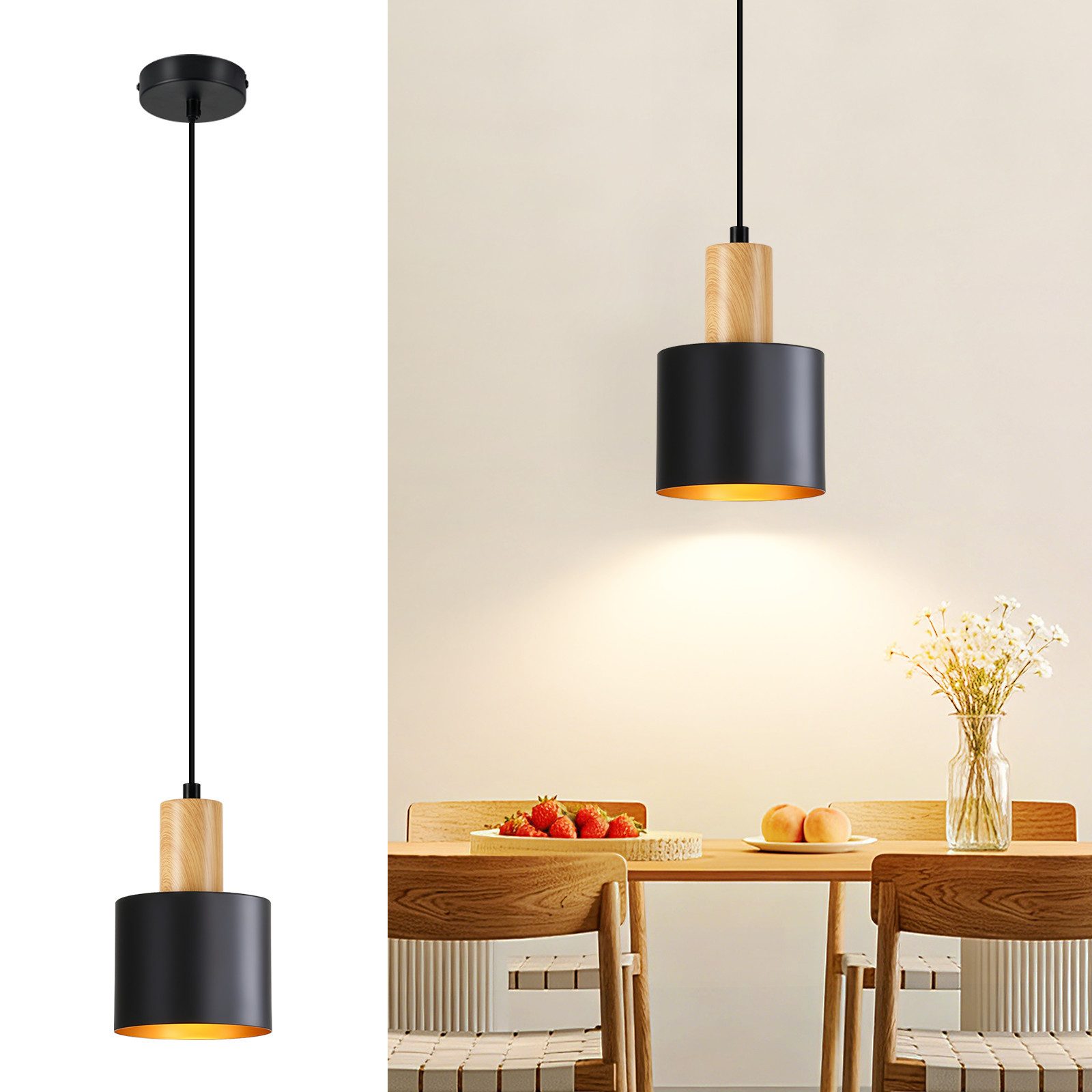 Nettlife Pendelleuchte Vintage Schwarz-Gold 1/2/3Flammige Hängeleuchte Höhenverstellbar E27, Höhenverstellbar, ohne Leuchtmittel, für Esstisch & Kücheninsel ‎12*12*173.5cm