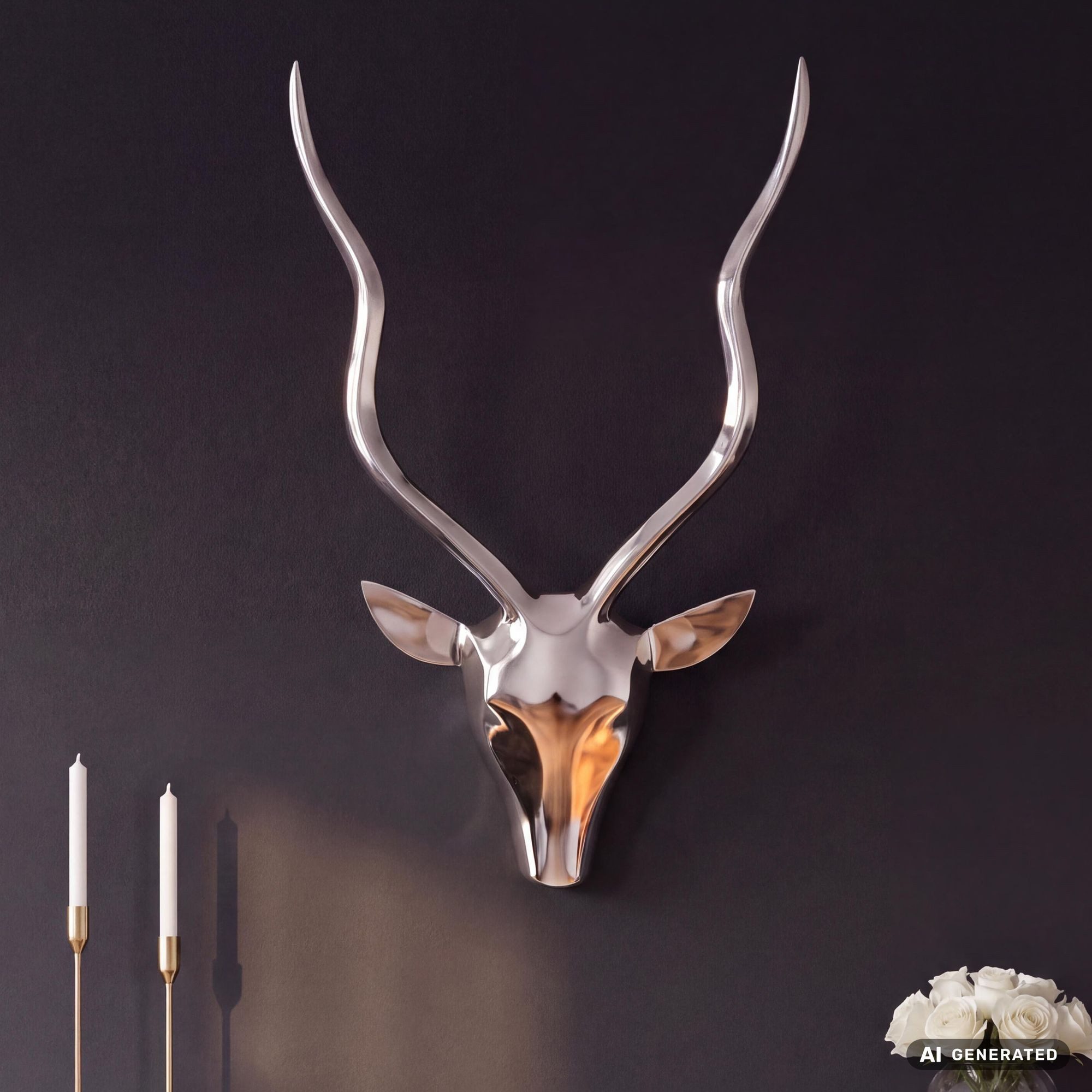 FINEBUY Wanddekoobjekt FB37878 Hirschgeweih Deko Hirschkopf Silber Wanddekoration Metall (Wandgeweih Alu Modern, Jagdtrophäe Wandschmuck), Geweih Wanddekoration 33x54x4 cm Aluminium Silber