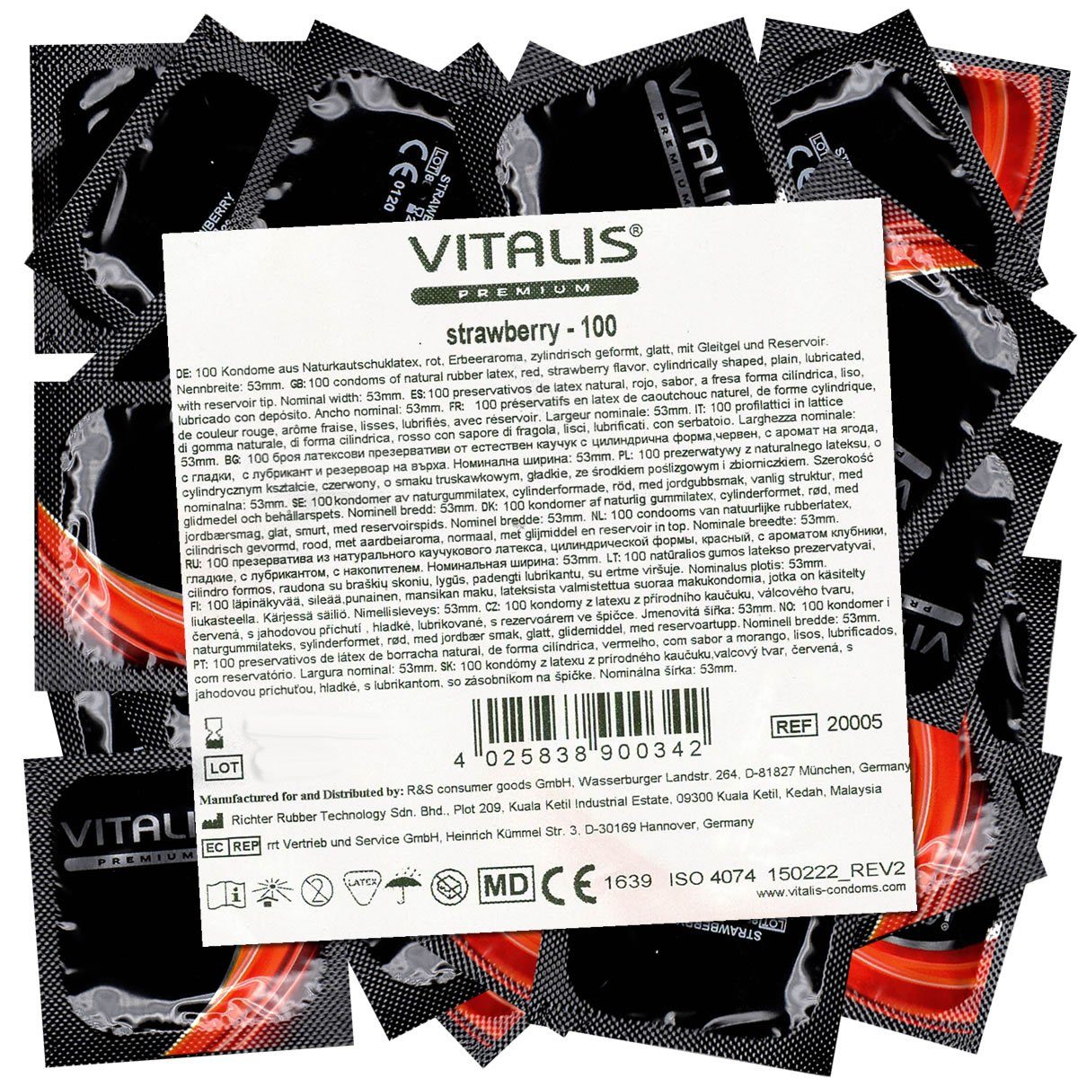 VITALIS Kondome PREMIUM Strawberry (rote Kondome für Oralverkehr) große Packung mit, 100 St., Kondome mit Erdbeer-Aroma, zuverlässig, sicher und angenehm im Gebrauch