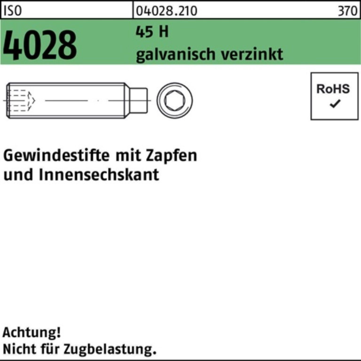 Pack 4028 Gewindestift Reyher Zapfen/Innen-6kt 100er H 45 Gewindebolzen galv.ver M20x40 ISO