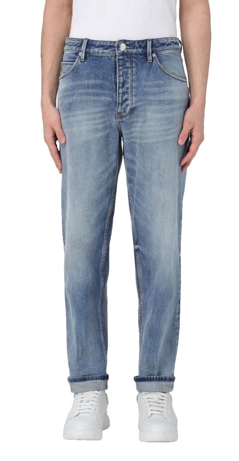 Emporio Armani 5-Pocket-Jeans Denim Hose Loose Fit Used Look Metall-Adlerlogo und Lederpatch mit EA-Metalllogo