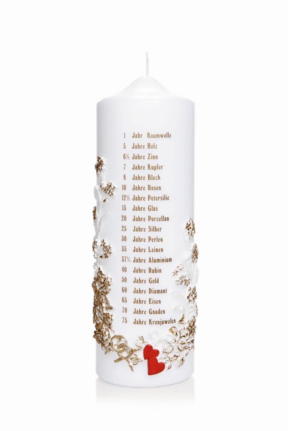 INNA-Glas Stumpenkerze Hochzeitskerze BRONSON, verziert, weiß-gold, 24cm, Ø7,8cm
