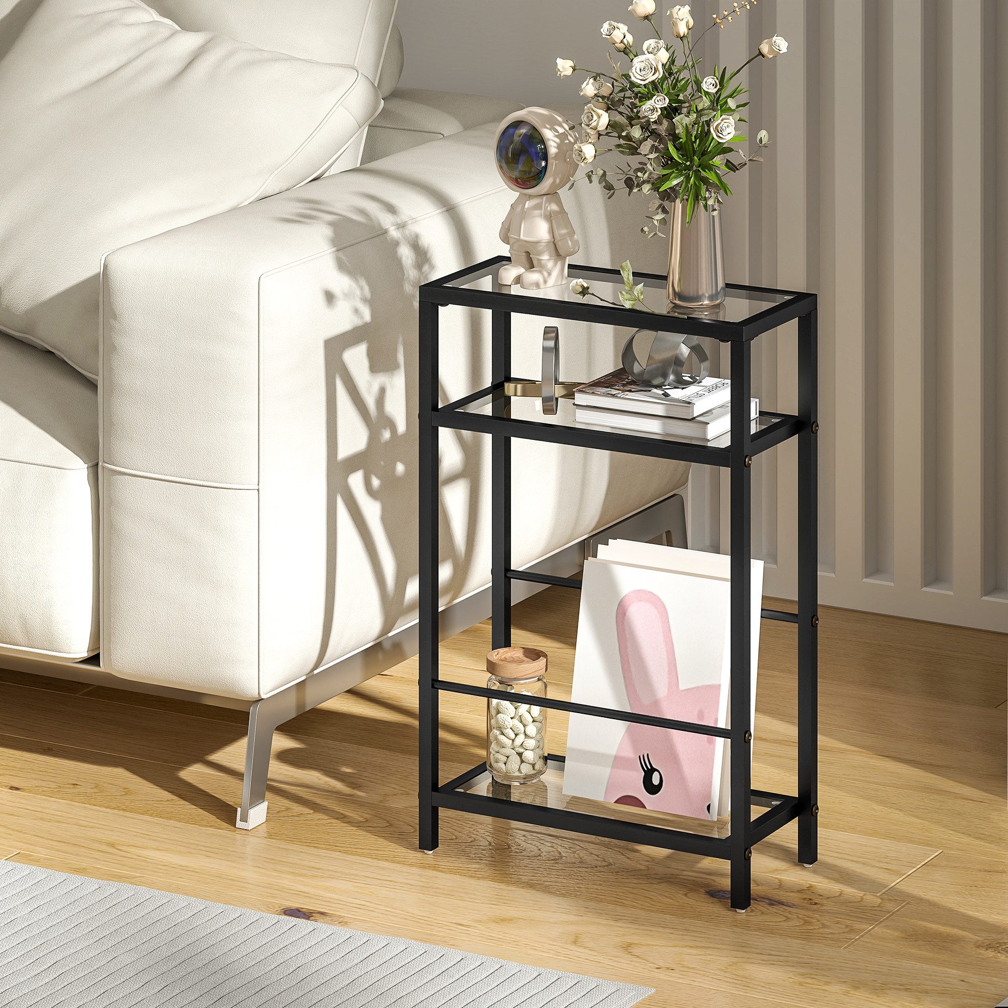 HOMCOM Beistelltisch Couchtisch, Zeitschriftenständer, Hartglasplatte, Stahlrahmen (Sofatisch, 1-St., Modernes Nachttisch), für Wohnzimmer, Schlafzimmer, Schwarz