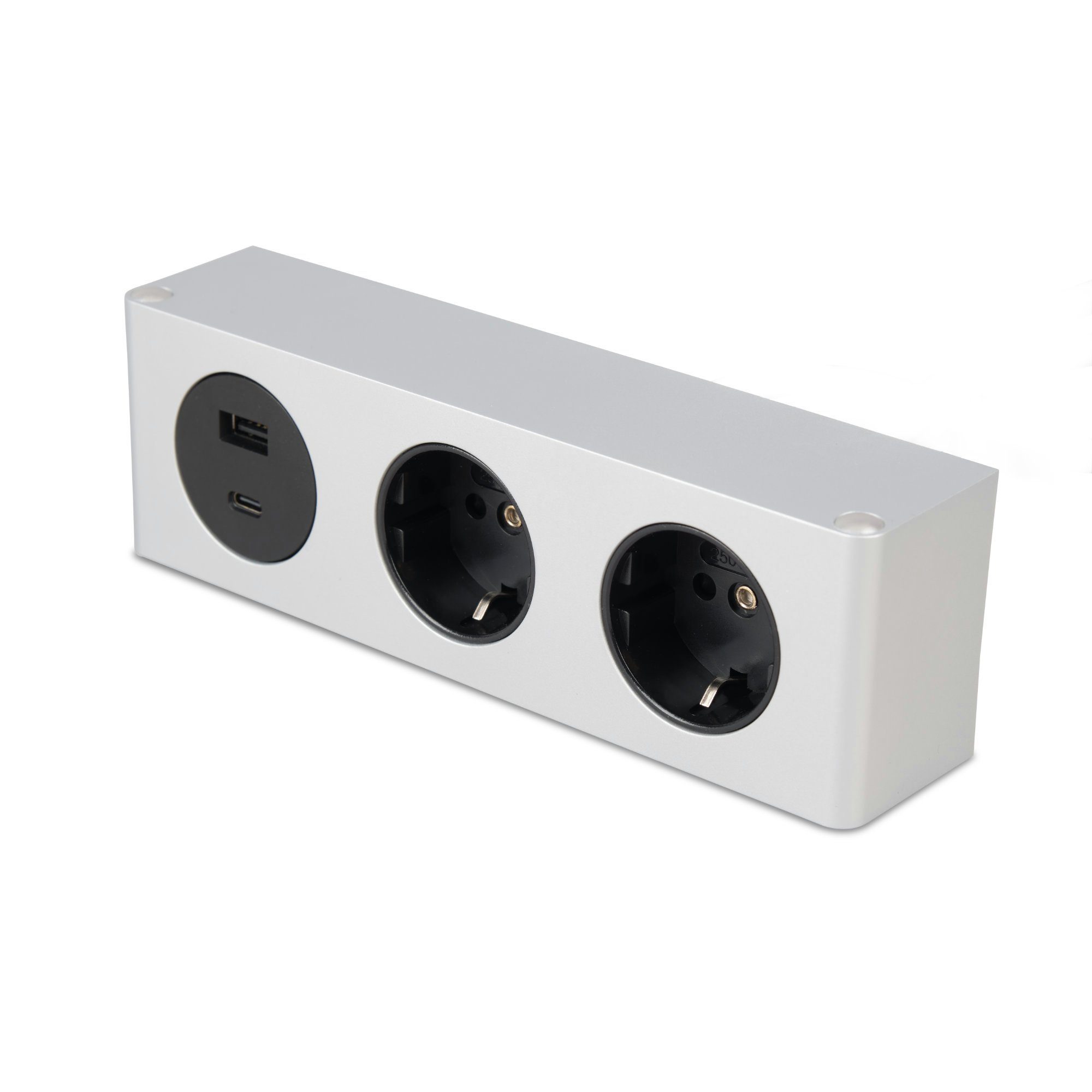 kalb Steckdose 3-fach Steckdosenleiste, 2x230V Steckdose und USB A/C Anschluss silber