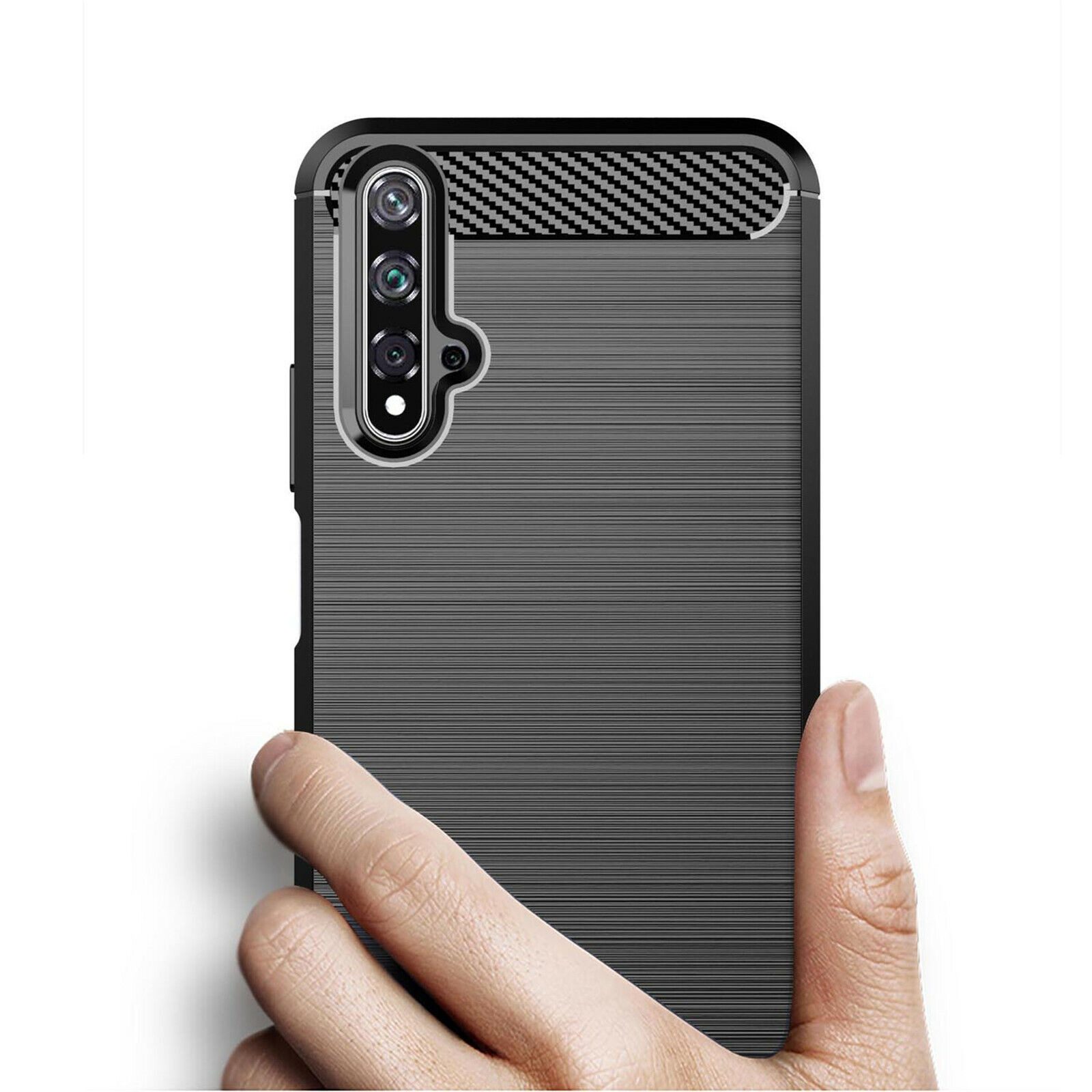 betterfon Handyhülle Carbon Hülle für Huawei Nova 5T Backcover TPU Silikon Bumper Schwarz, Carbon-Look – stoßfestes Case mit Air-Cushion & Metall-Optik