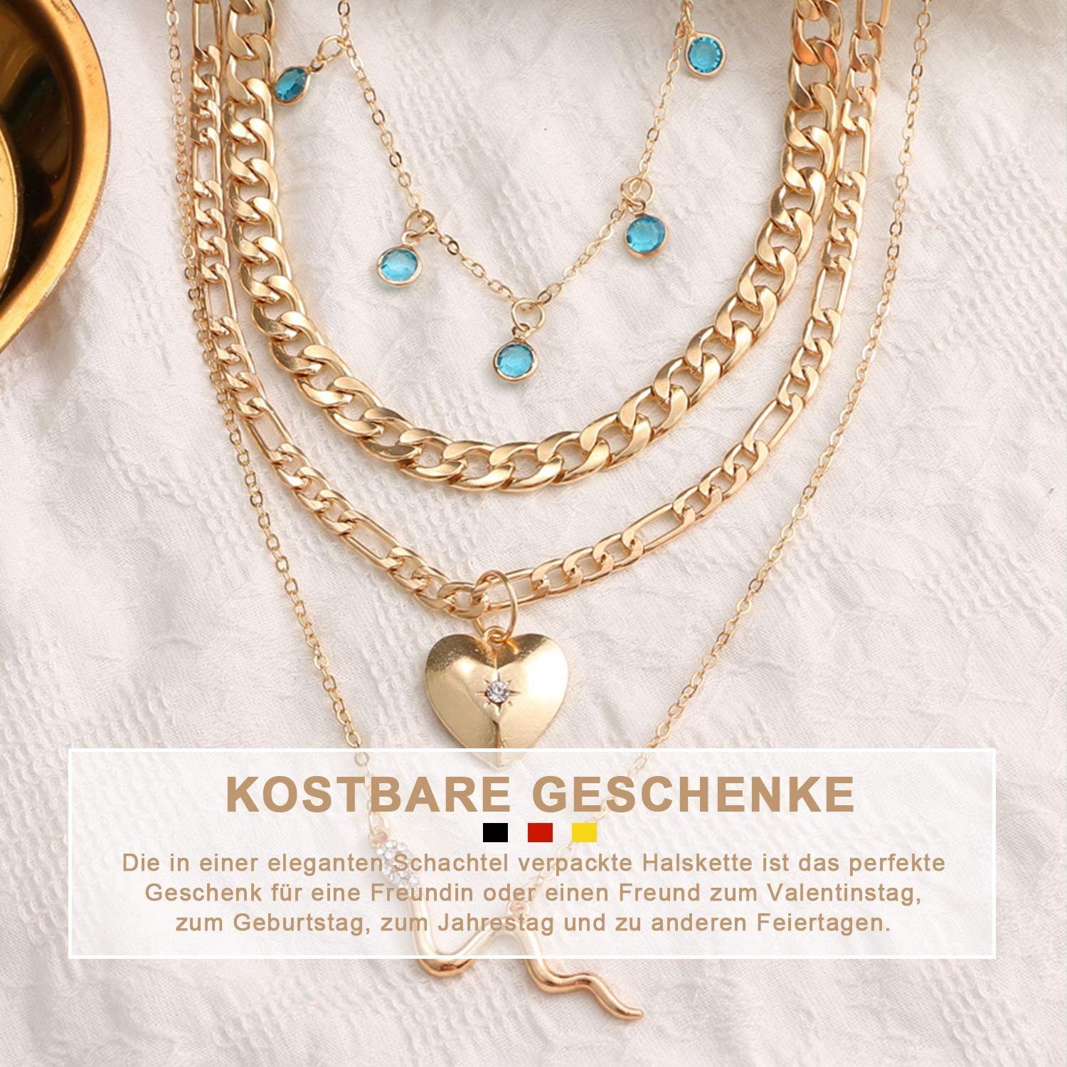 Kristall Halskette Liebe Mehrschichtige (1-tlg), mit Metall Diamant Kette Anhänger Halskette Anhänger Schlange MAGICSHE Blauer Fransen