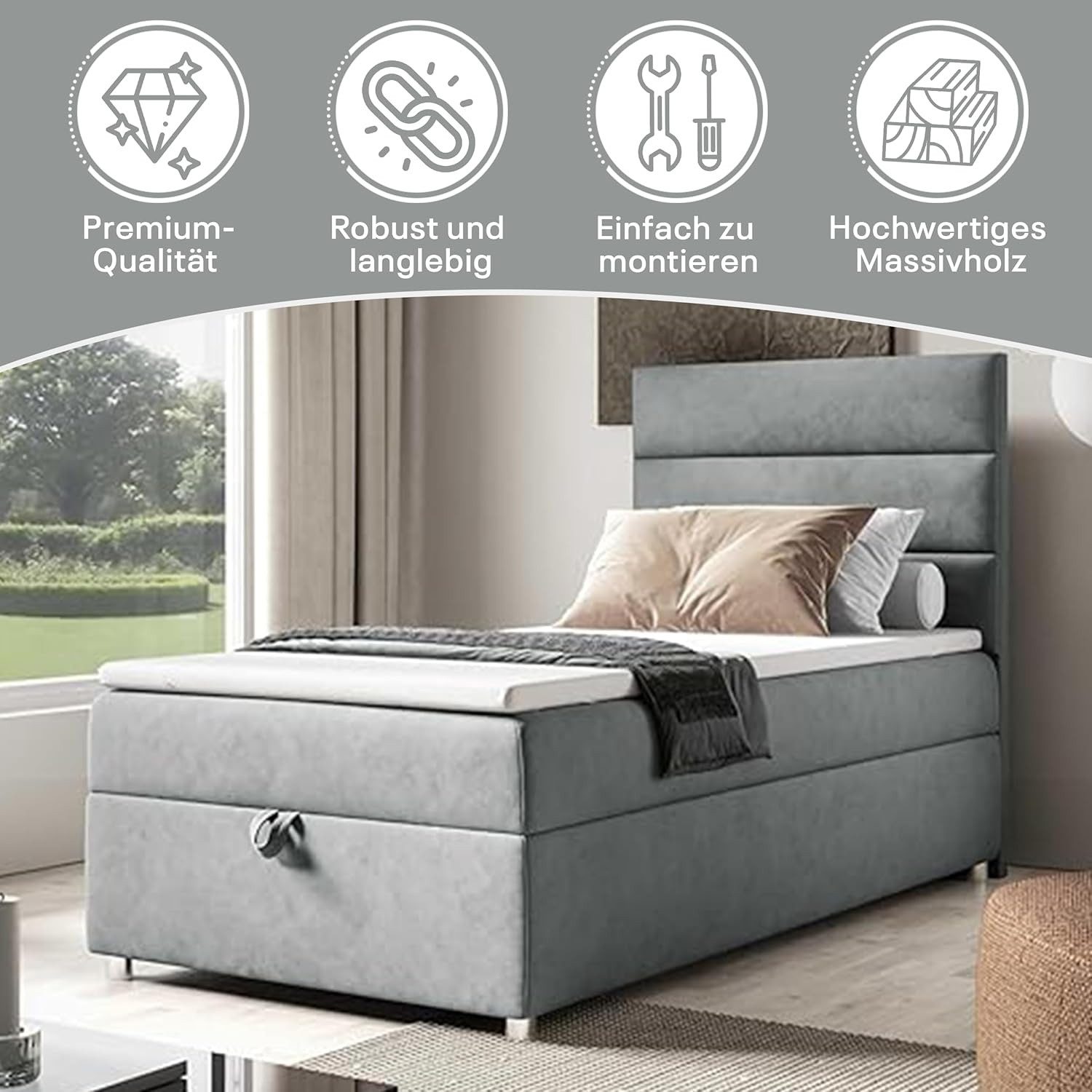 Best for Home Boxspringbett Trinity K-4 Einzelbett mit Bettkasten & Kopfteil – komfortabel & edel