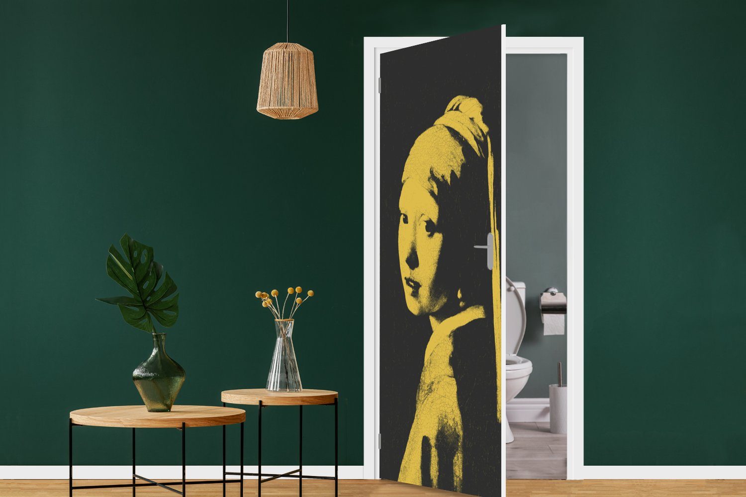 Schwarz Gelb, Fototapete - bedruckt, Türaufkleber, St), Perlenohrring für Matt, Türtapete 75x205 cm - Tür, Mädchen Vermeer - mit (1 MuchoWow