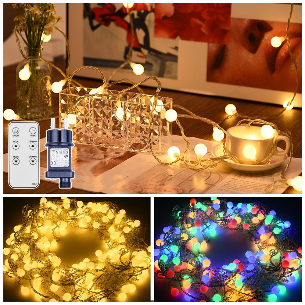 XERSEK LED-Lichterkette Kugel 20m 150 Leuchtmodi 9 Modi Weihnachts Beleuchtung 31V Warmweiß, 150-flammig, mit Fernbedienung IP44 Kugel-Lichterkette Gartenbeleuchtung Strom