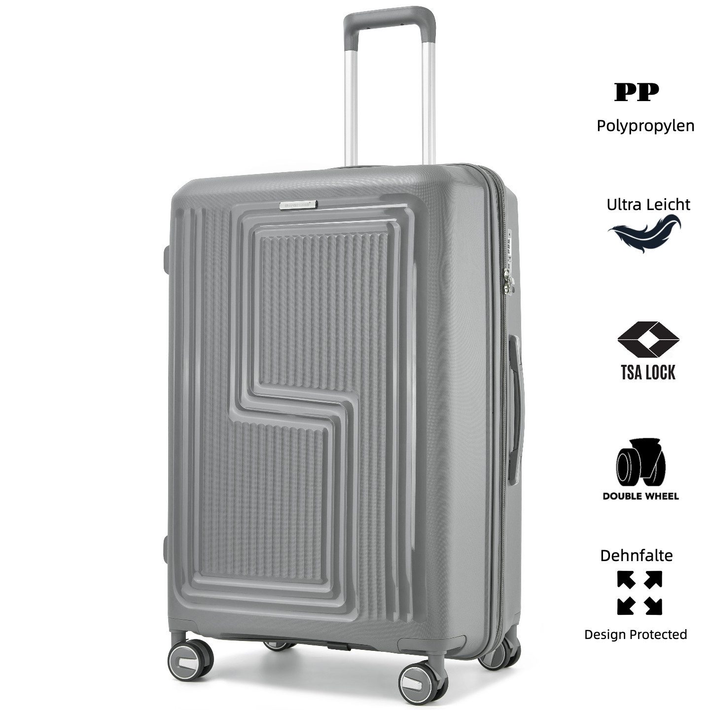 Hartschalen-Trolley 28Zoll Hartschalenkoffer aus PP-Kunststoff, Reisekoffer mit Dehnfalte