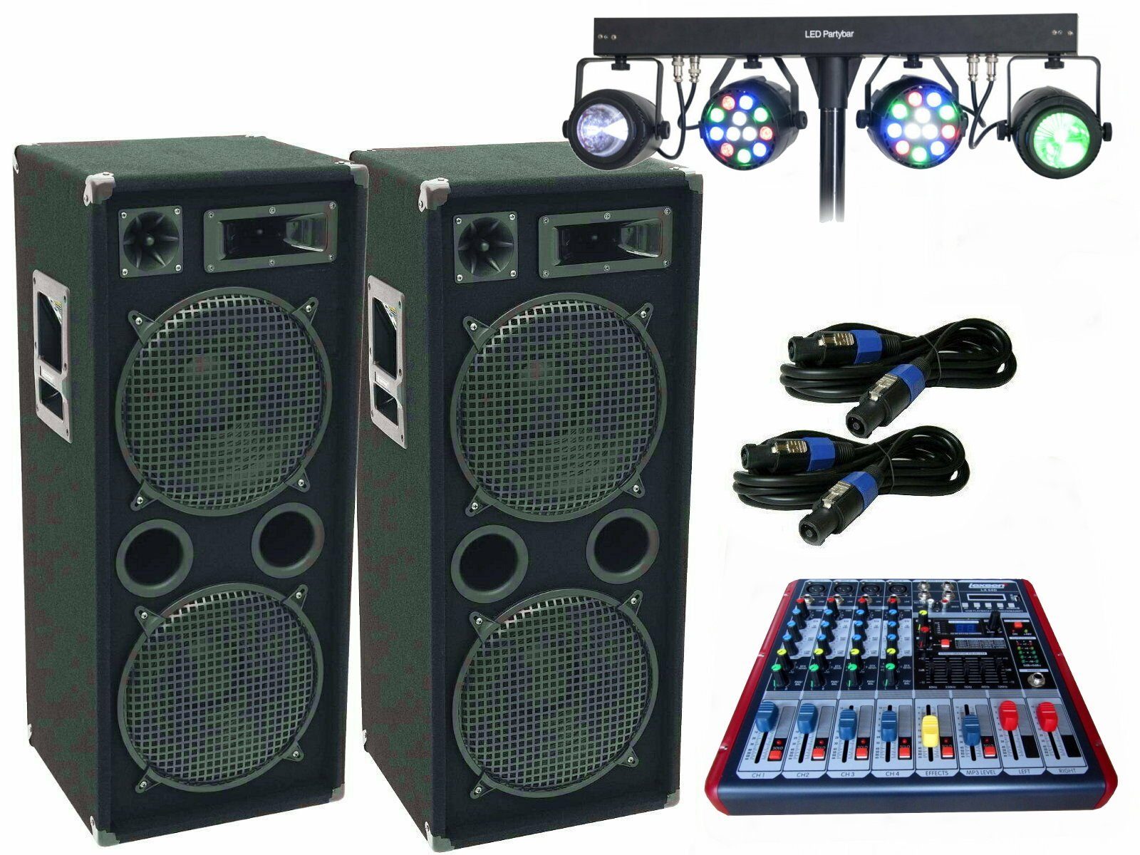 Powermixer Musik Anlage 3 Wege Boxen Stativ Kabel Lichtset 2600 Watt Party-Lautsprecher