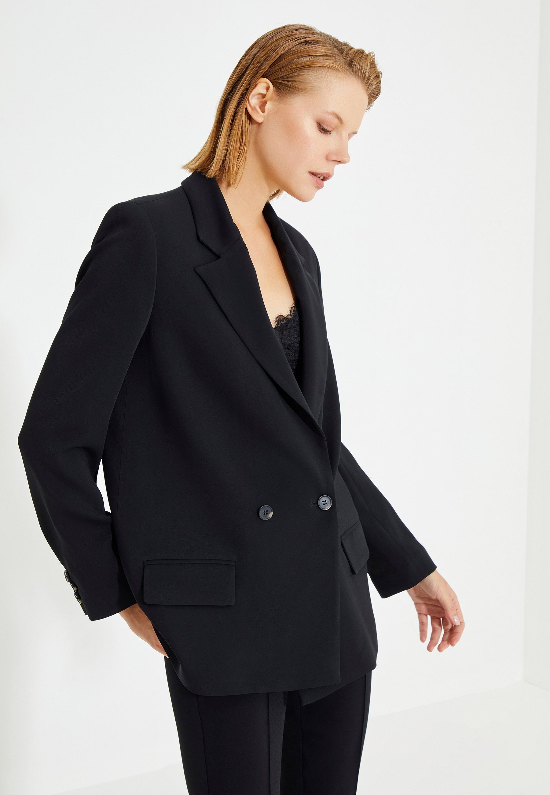 Jackenblazer Schwarze zweireihige Damen-Blazerjacke mit Taschen