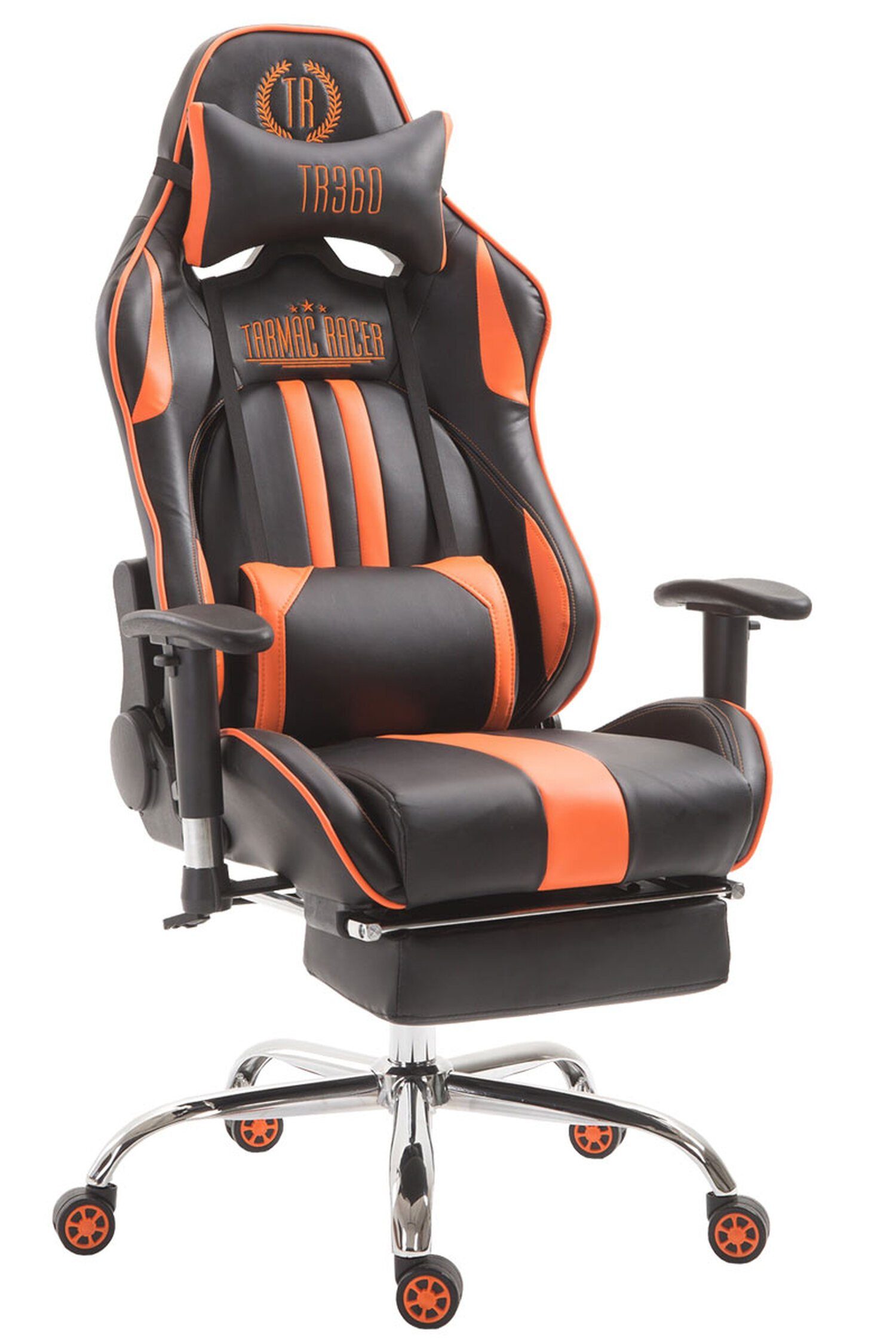 TPFLiving Gaming-Stuhl Limitless-2 mit bequemer Rückenlehne - höhenverstellbar - 360° drehbar (Schreibtischstuhl, Drehstuhl, Gamingstuhl, Racingstuhl, Chefsessel), Gestell: Metall chrom - Sitzfläche: Kunstleder schwarz/orange