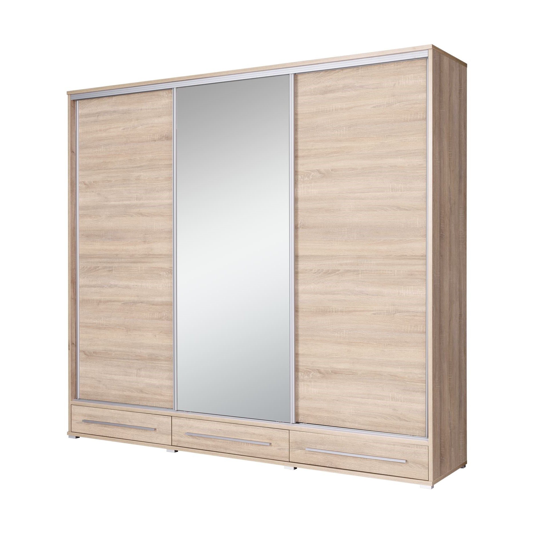 MOEBLO Kleiderschrank K001 - 255 (mit Schubladen Schwebetürenschrank 3-türig Schrank Garderobe Schiebtüren Schlafzimmer) -(BxHxT):255x236x61 cm
