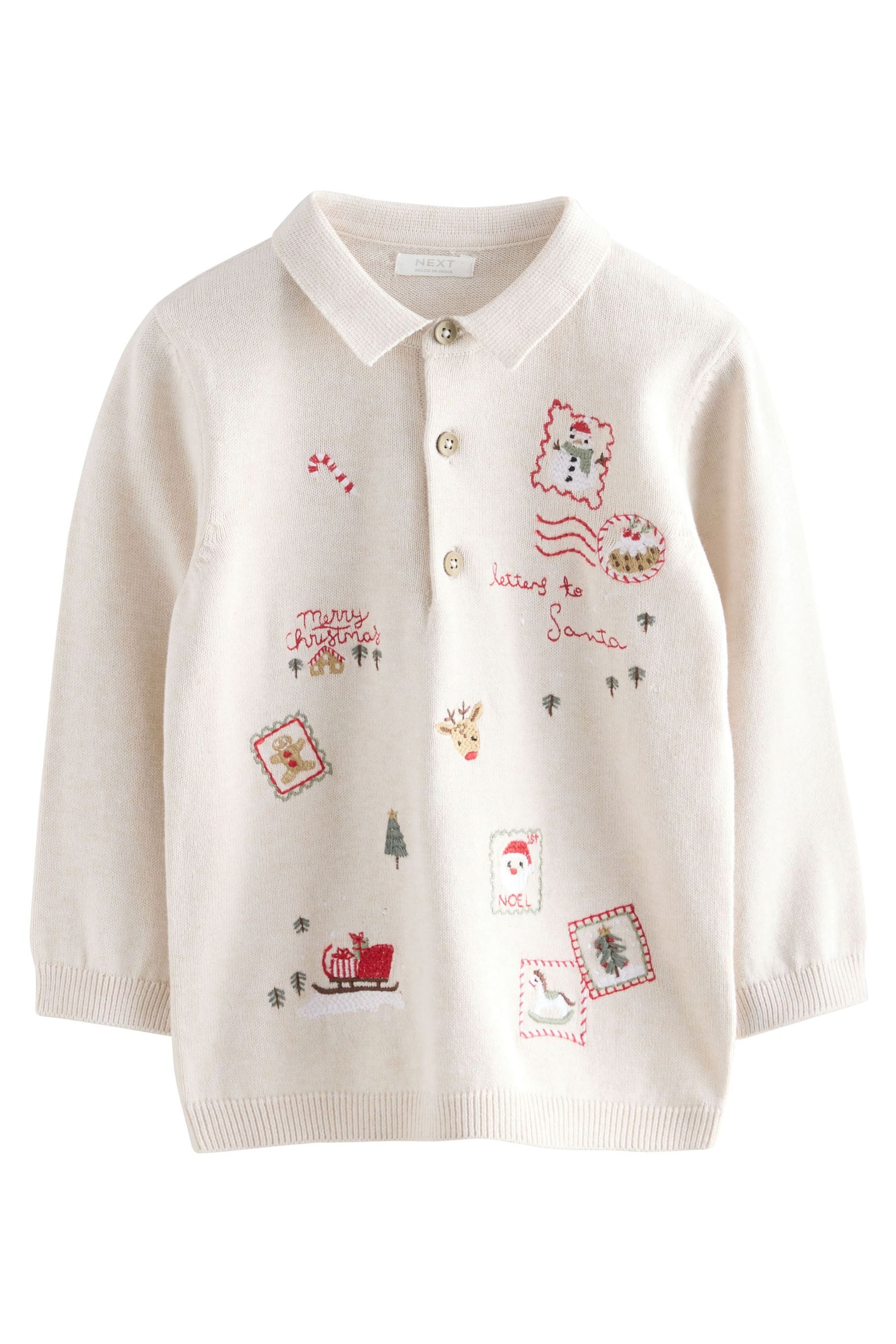 Next Polokragenpullover Strick-Poloshirt mit Weihnachtsstickerei (1-tlg)
