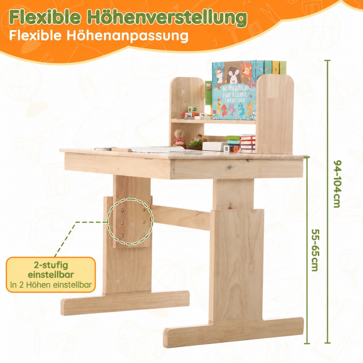 ANYSUN Kinderschreibtisch aus Massivholz Höhenverstellbarer mit klappbarer Platte,Buchablage (1 Schreibtisch,Kindertisch für Kinder ab 6 Jahren,Belastbar bis 50 kg), mit Neigbarer Tischplatte 0–43°,Ausgehöhltes Design,Natur,80x94x80cm