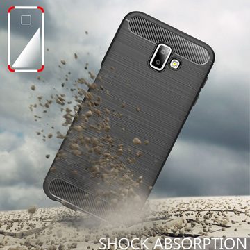 Nalia Smartphone-Hülle Samsung Galaxy J6 Plus, Carbon-Look Silikon Hülle / Matt-Schwarz / Anti-Fingerabdruck / Rutschfest Stoßfest Kratzfest / Karbon-Optik Schutzhülle / Slim Cover Soft Case Etui Handy-Tasche Backcover / Handy-Schale Backcase Handycover Handycase