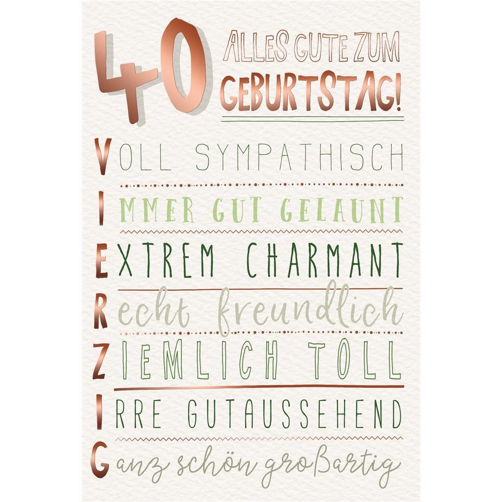 Grußkarten 40. Geburtstag - Karte mit Umschlag - Schriftkarte - mit rosegoldener