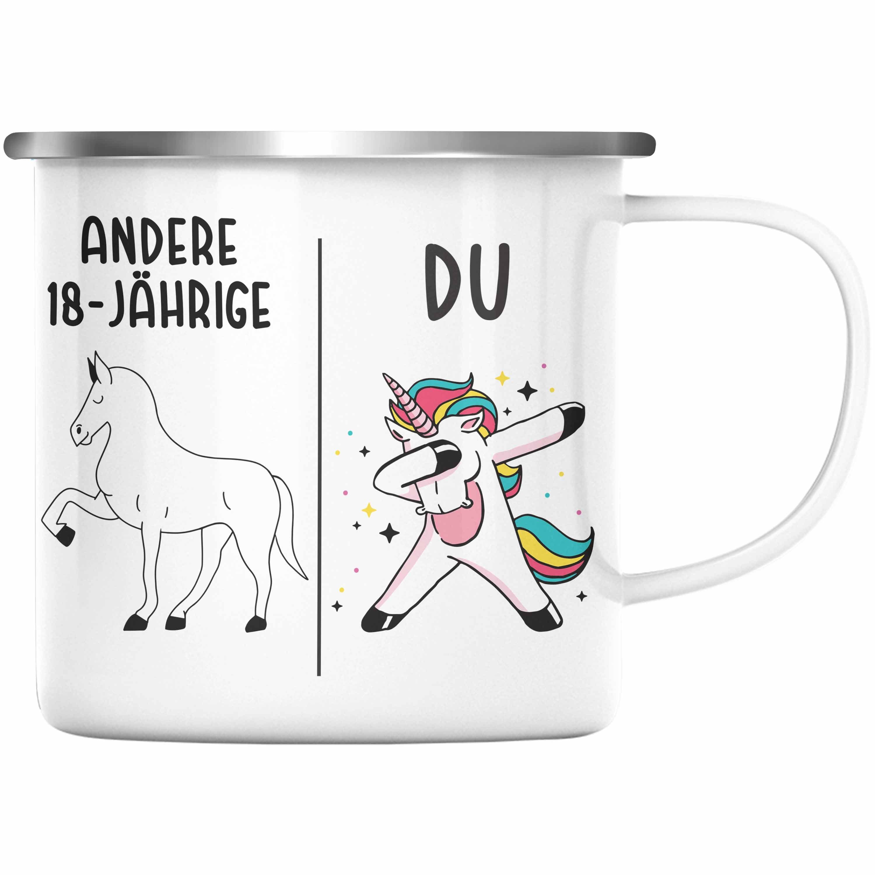 Trendation Thermotasse 18er Geburtstag Einhorn Emaille Geschenkidee Geschenk Mädchen Trendation 18. - Geburtstag Silber Tasse