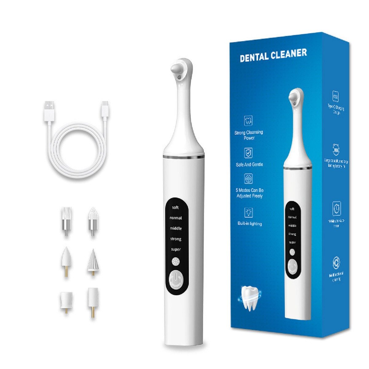 COOL-i ® Mundpflegecenter Zahnpolierer Set mit LED & 5 Modi& 6 Köpfen, Für kosmetische Zahnpflege, sanftes Aufhellen & frischen Atem