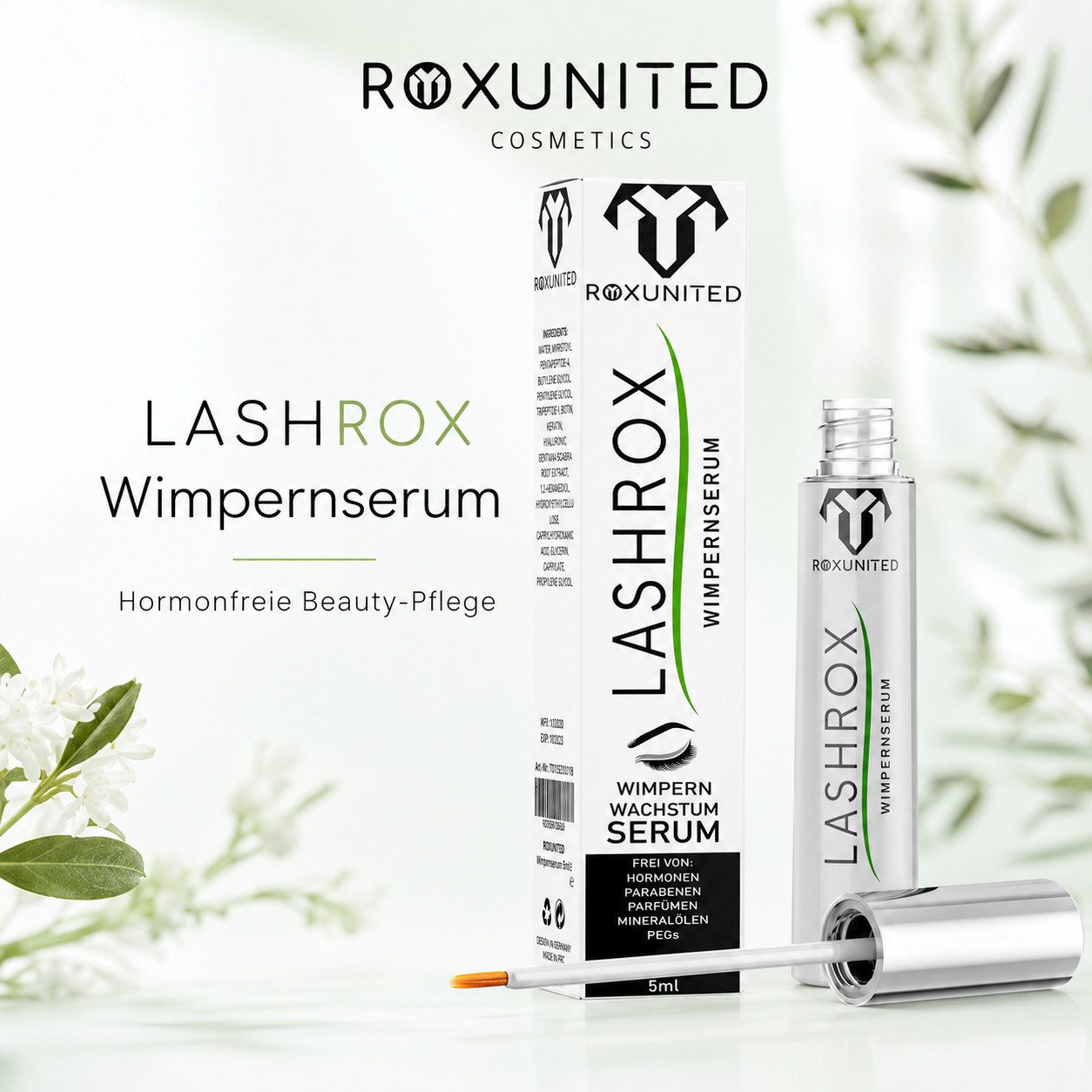 ROXUNITED Wimpernserum [Vergleichssieger 2026] LASHROX, Hormonfrei, Biotin & Koffein 5ml