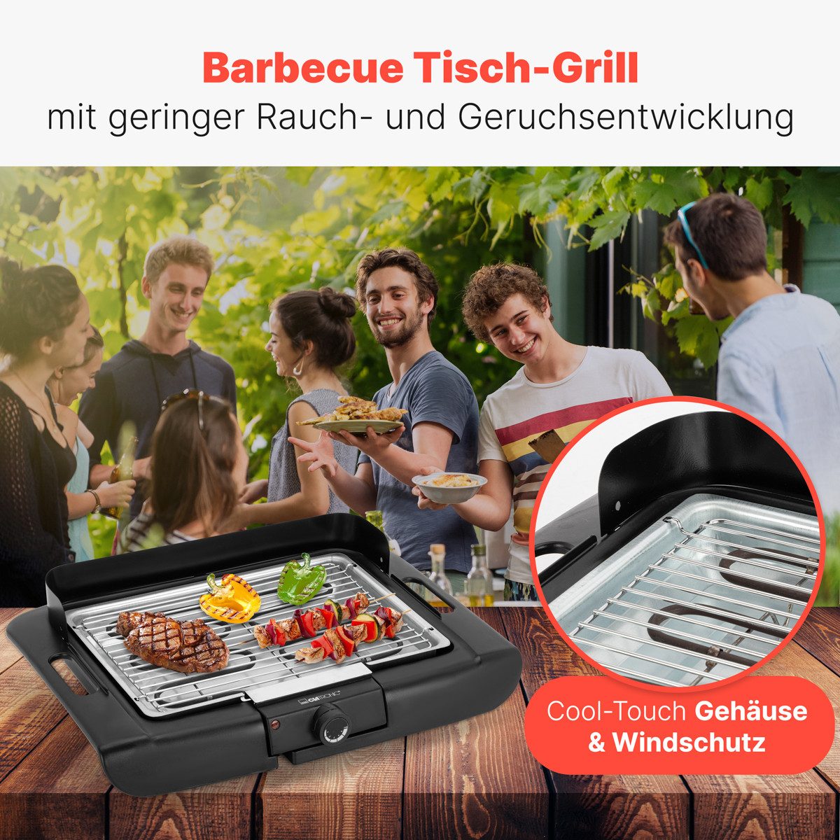 CLATRONIC Tischgrill BQ 3841, Cool Touch-Gehäuse, Verchromter Grillrost, 2000W