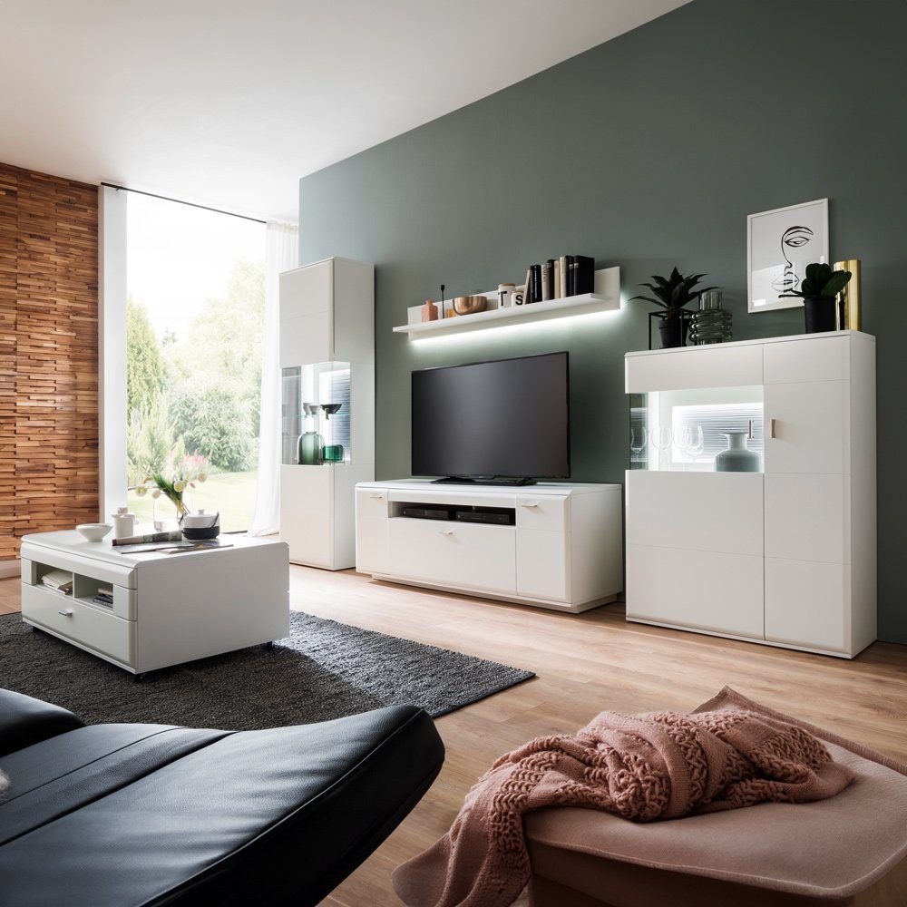 [Viele beliebte Produkte verfügbar] Lomadox Wohnwand ALIA-05, weiß Highboard Fernsehwand (5-St., 5-tlg), Vitrine Lowboard matt Couchtisch montiert
